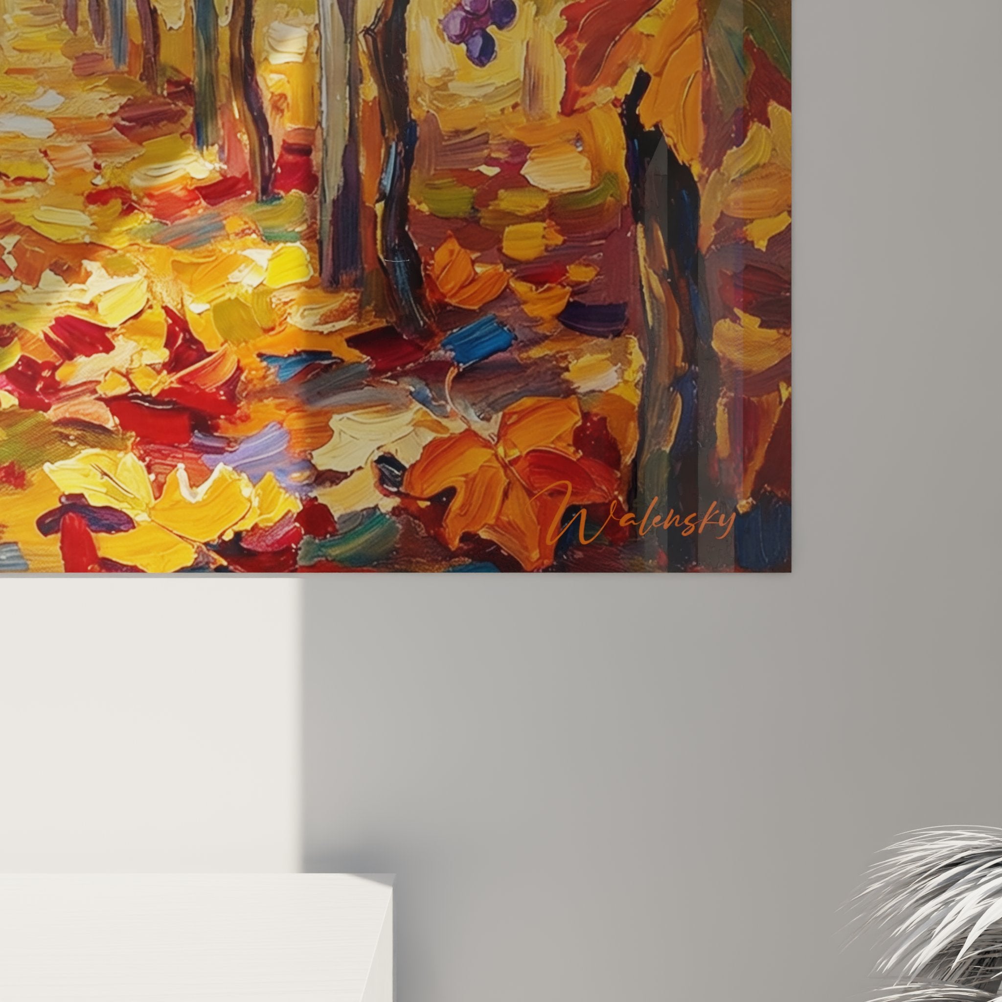 Vue ensemble tableau mural chat Chartreux vignoble automne pour décoration salon moderne