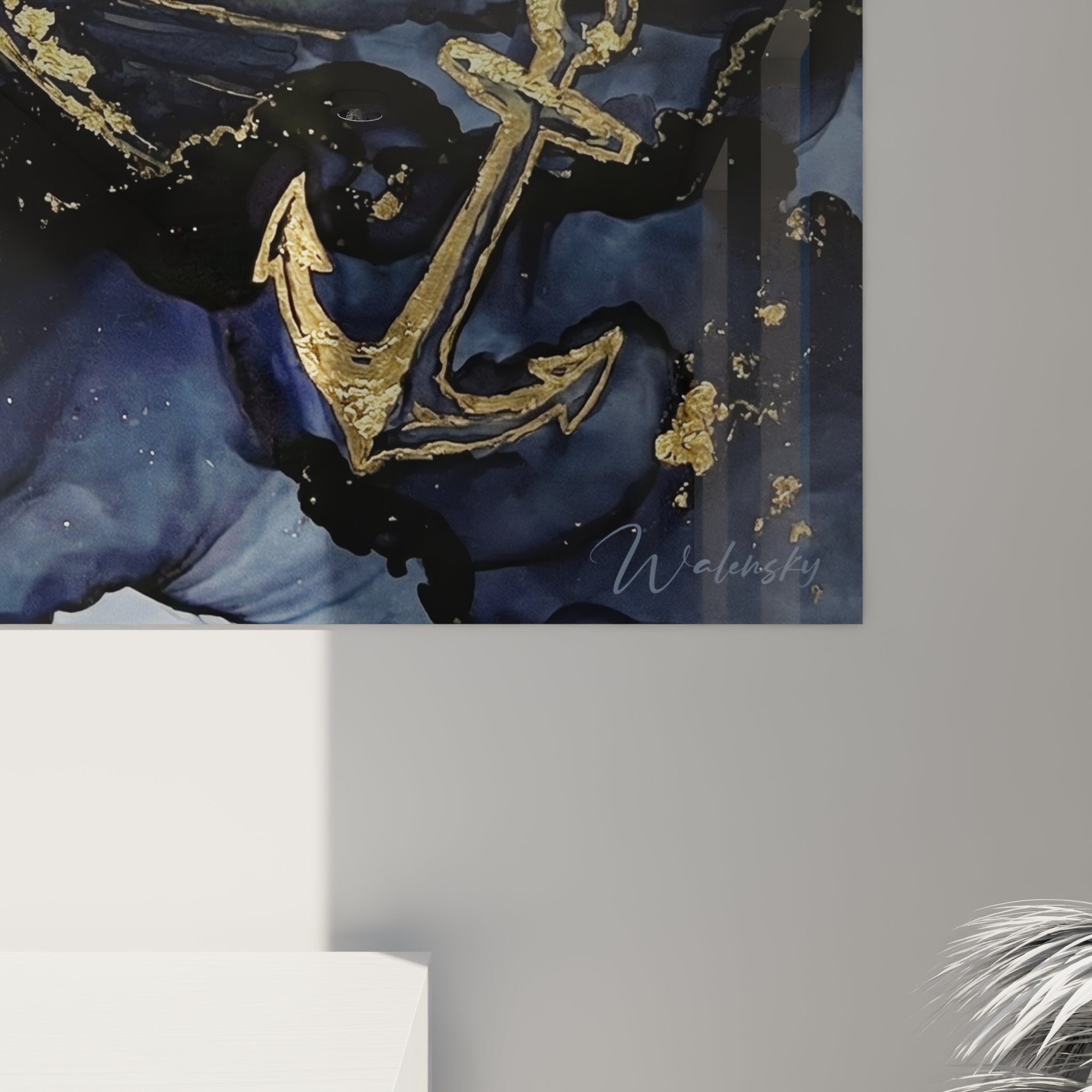 Vue d'ensemble tableau mural ancre marine dorée décoration intérieur thème plongée sous-marine