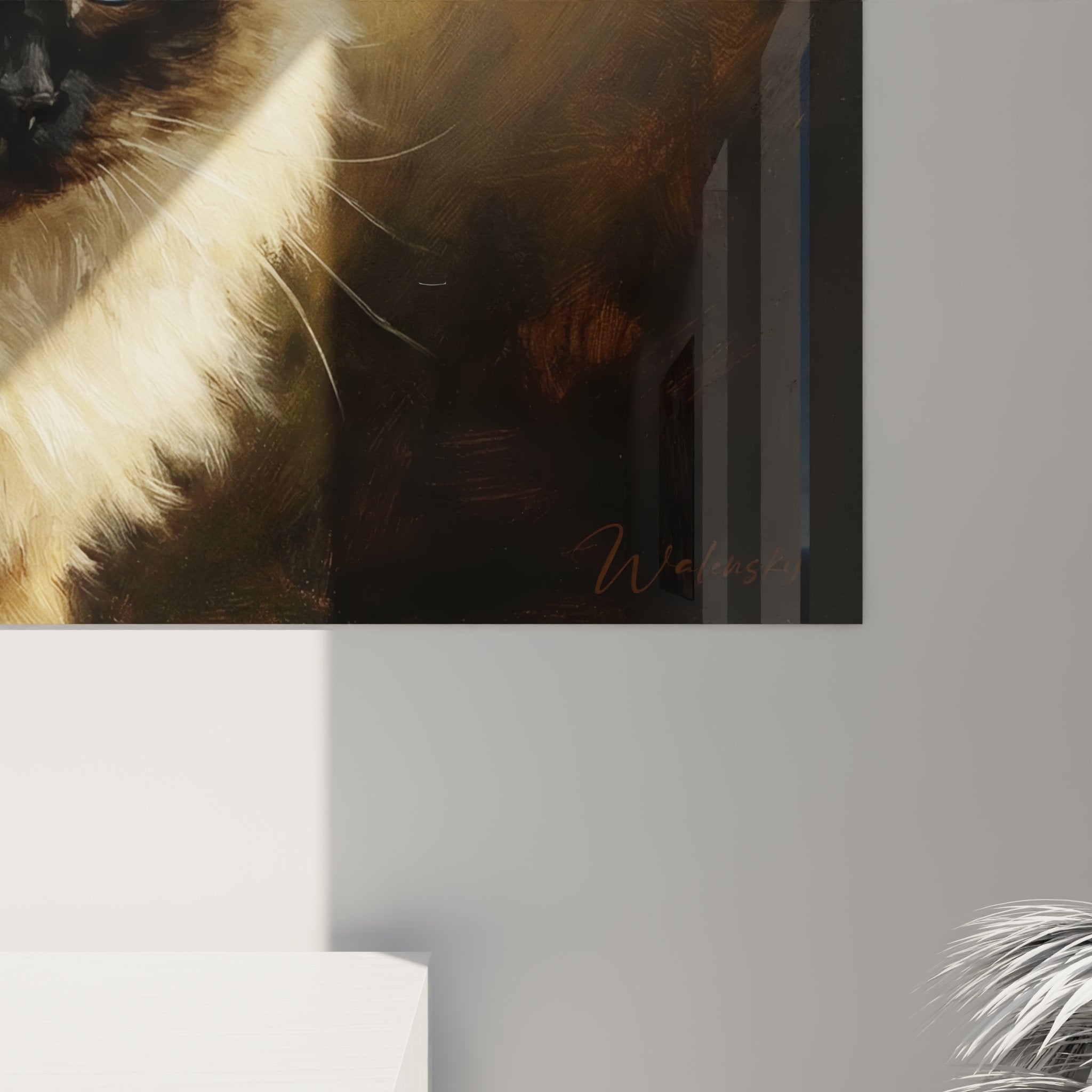 Vista d'insieme quadro gatto birmano luce dorata, decorazione murale felina, arte animale contemporanea elegante