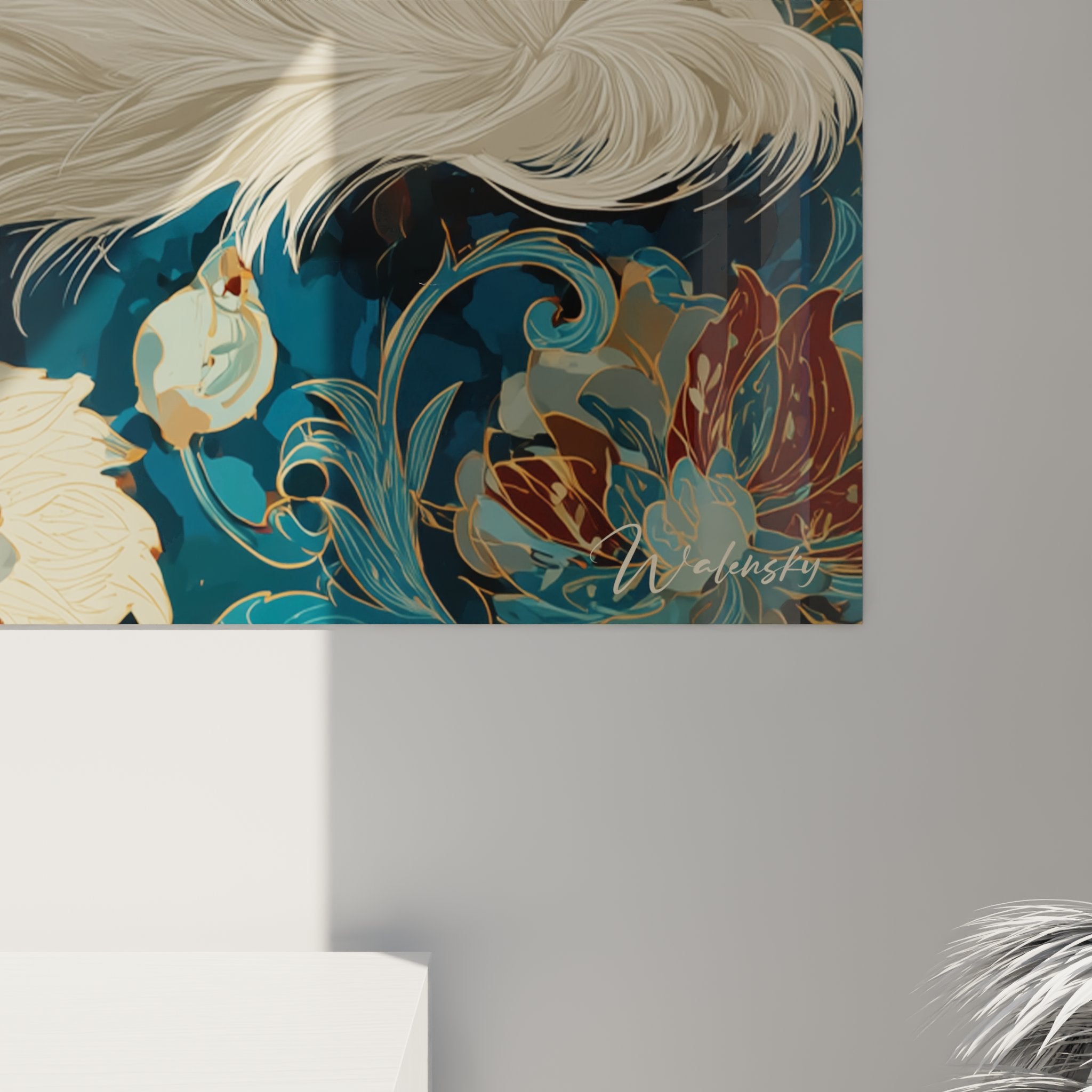 Vista completa quadro decorativo Turkish Angora bianco con motivi ornamentali per decorazione d'interni