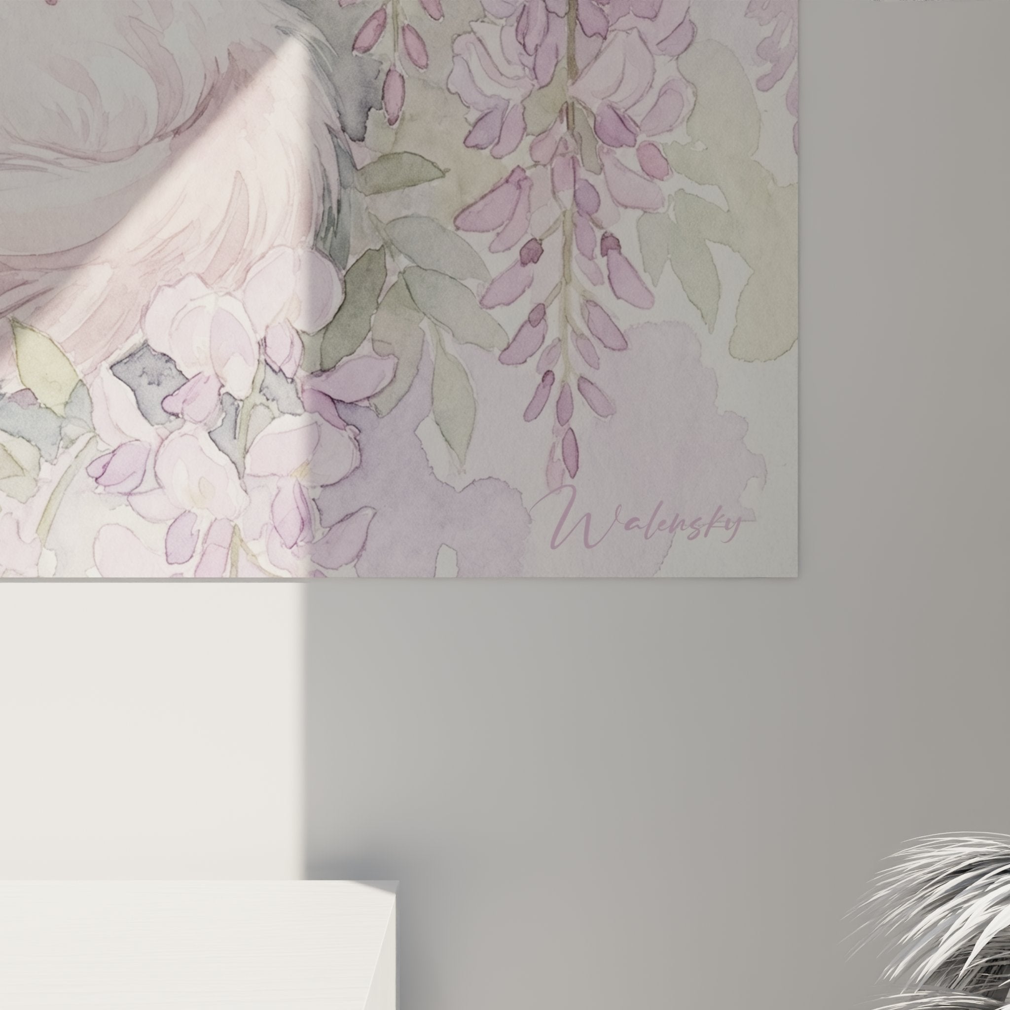 Vue d'ensemble tableau décoratif chat Balinais jardin fleuri, œuvre d'art mural style impressionniste couleurs douces