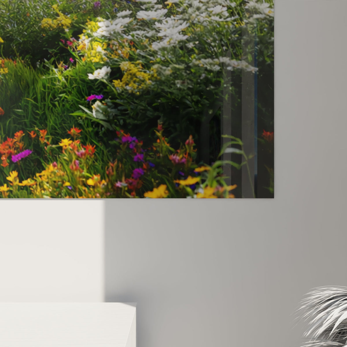 Mountain bike trail art print with flowers hanging on living room wall, cycling nature decor