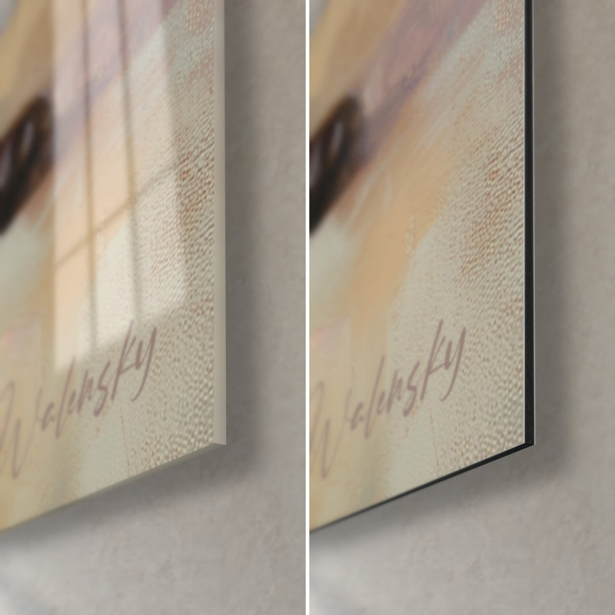Tableau siamois peint à l'huile, coin bas droit : verre acrylique brillant à gauche, Dibond mat à droite, signature Walensky ocre