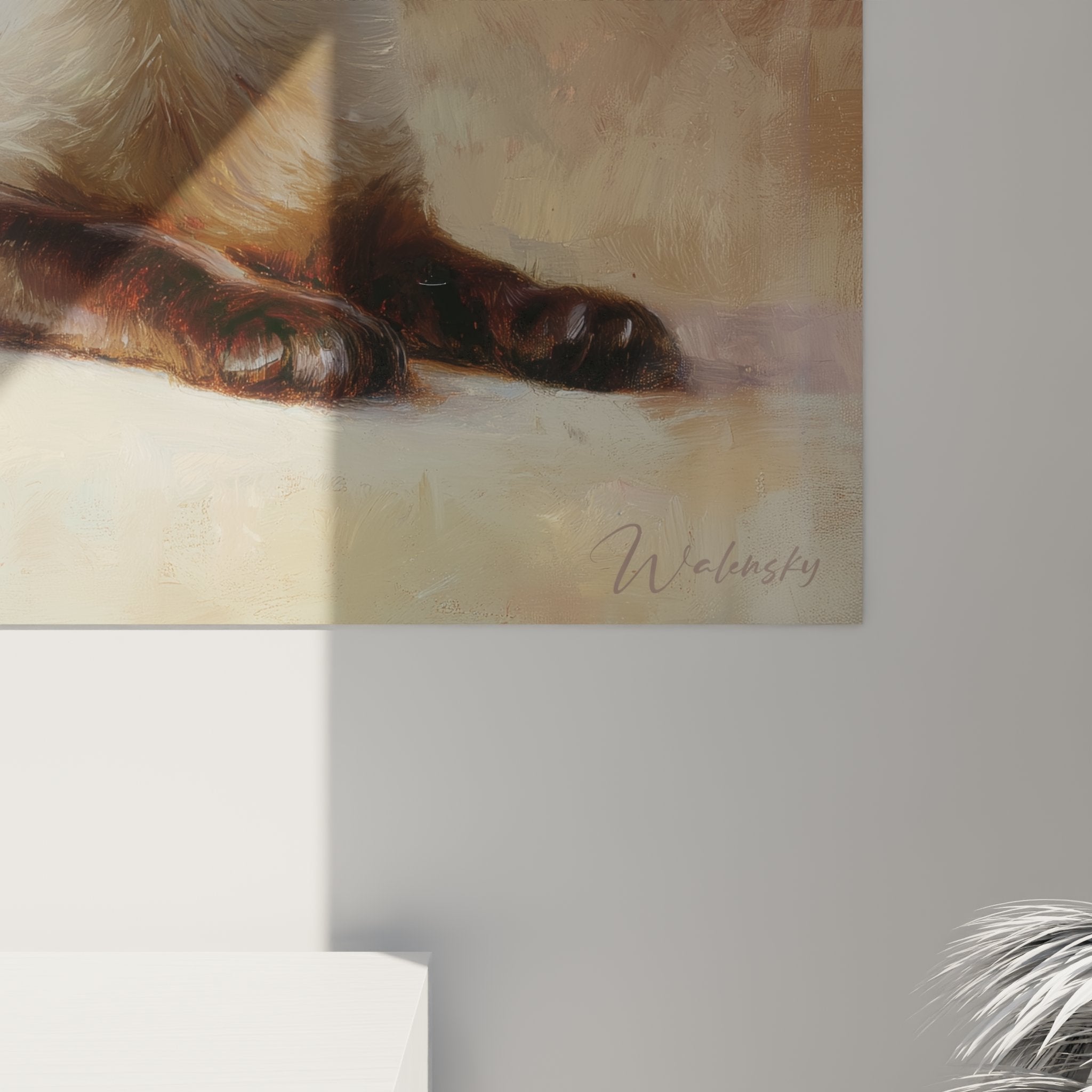 Vista d'insieme quadro murale gatto siamese in interno moderno, arte decorativa felina