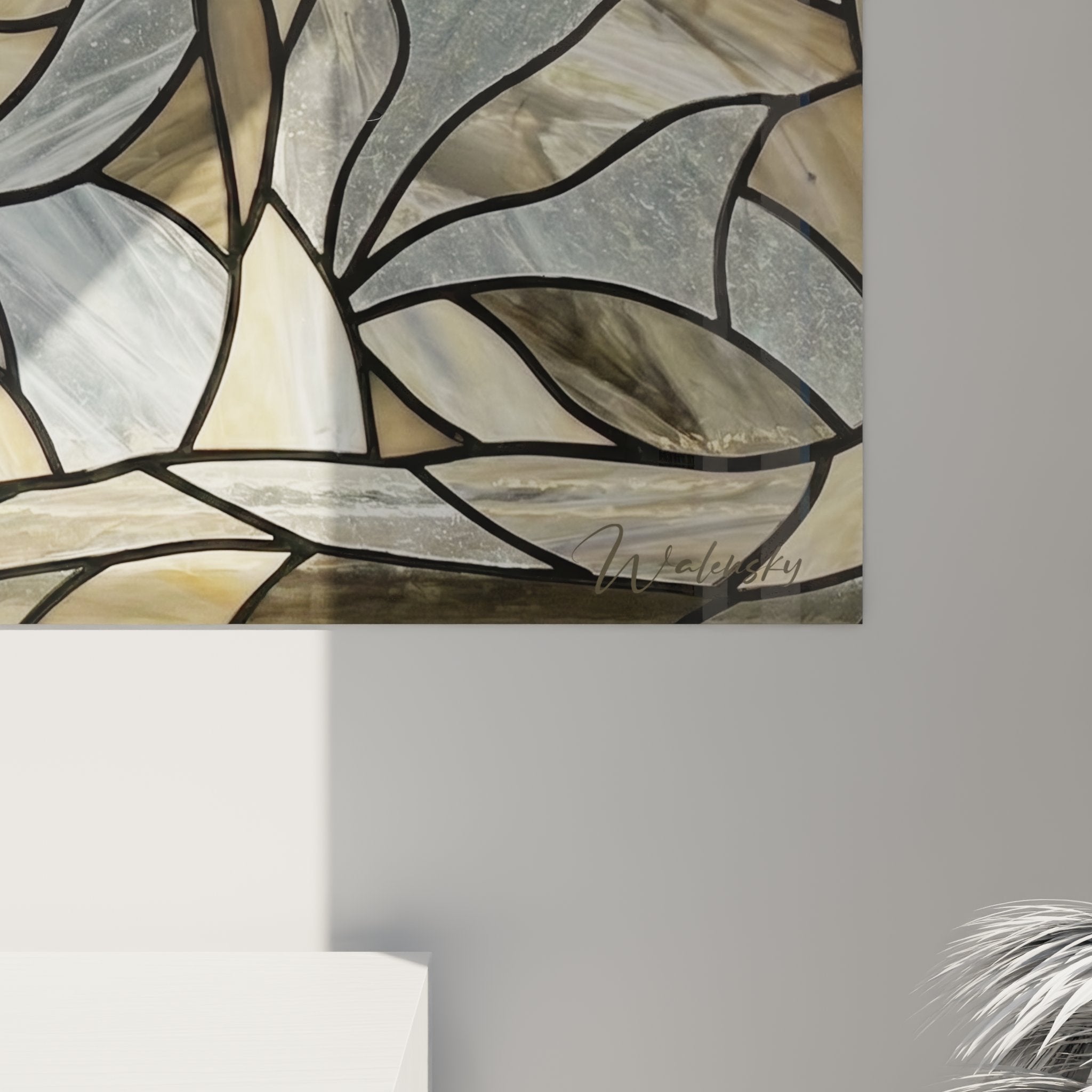 Vue d'ensemble tableau mural chat style vitrail, composition artistique tons dorés et argentés