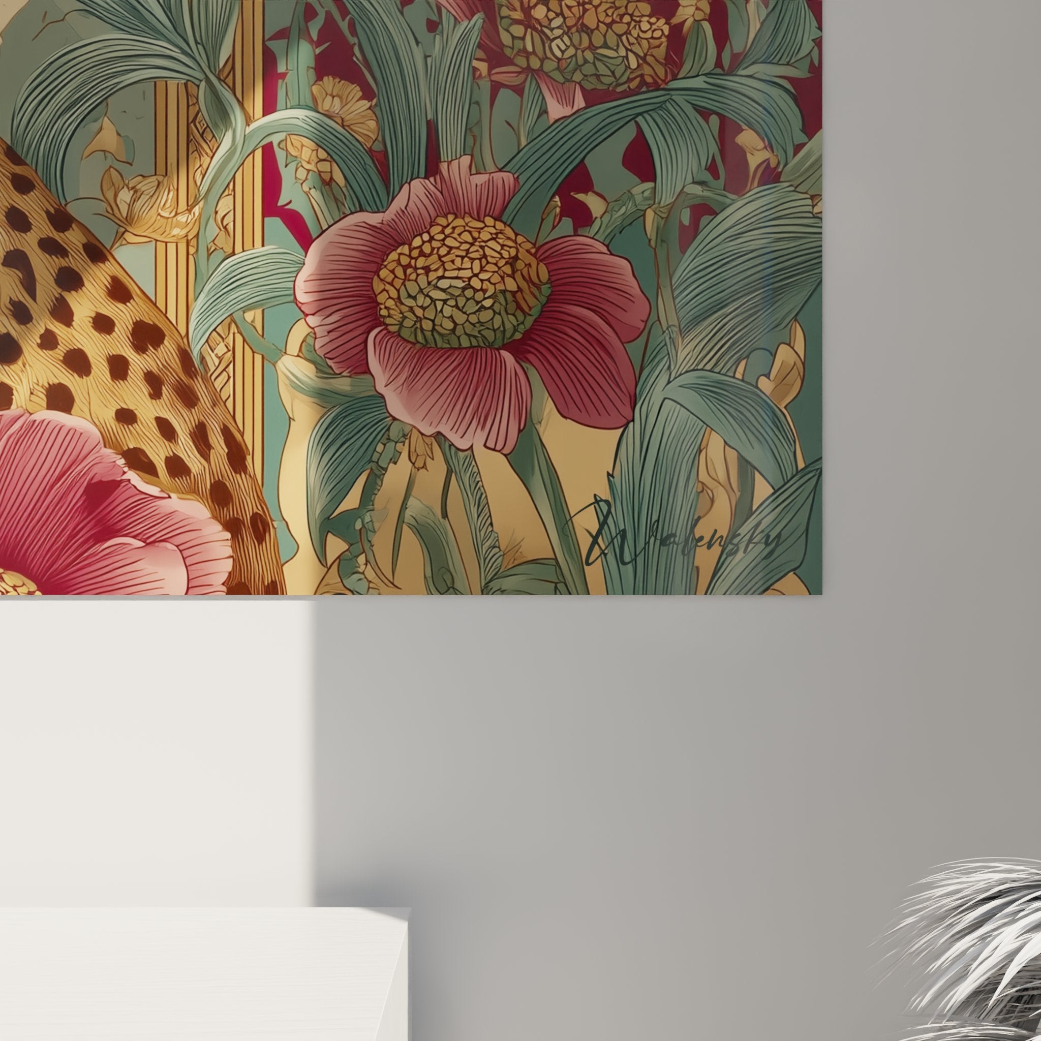 Panoramica quadro murale art déco leopardo maestoso composizione floreale peonie decorative