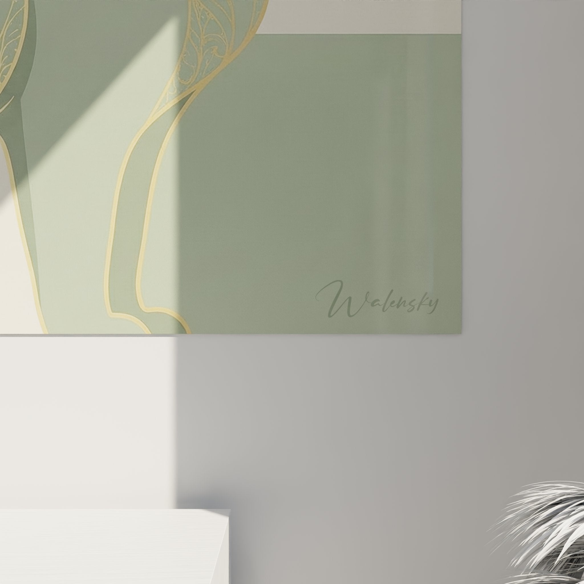 Gesamtansicht Nebelung-Katze-Kunstdruck stilisiert moderne Wohnzimmer-Dekoration geometrische Wandkunst grün und gold