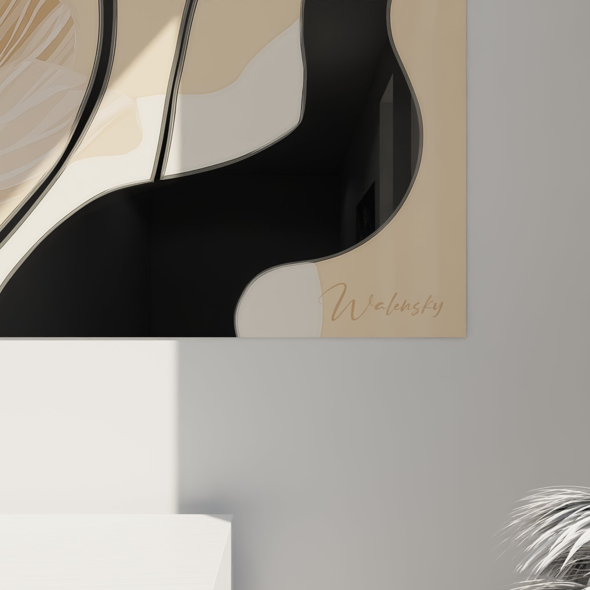 Overview art deco flower wall art, three beige flowers on neutral background with graphic black foliage