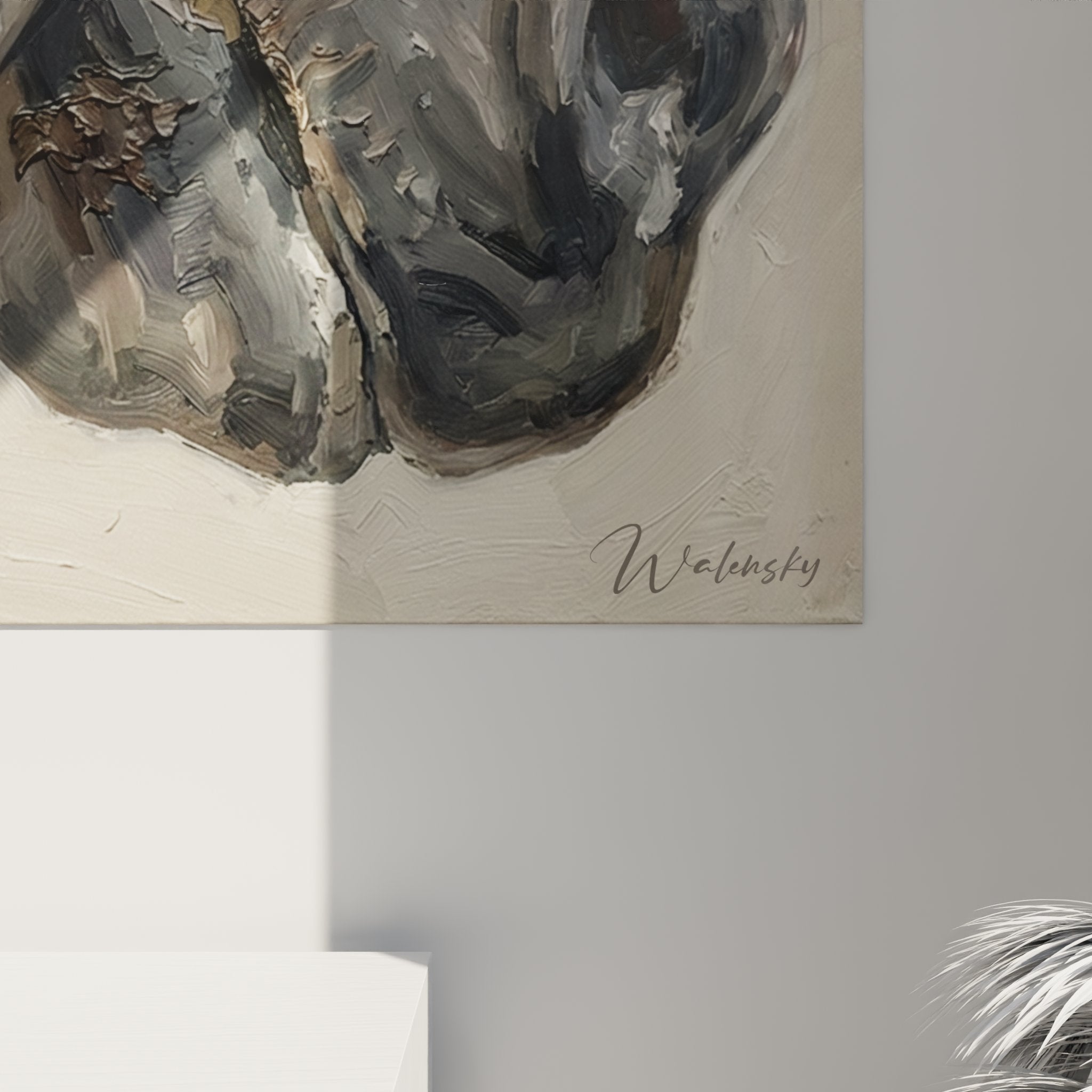 Vue d'ensemble toile équestre cheval harnaché, composition artistique tons neutres