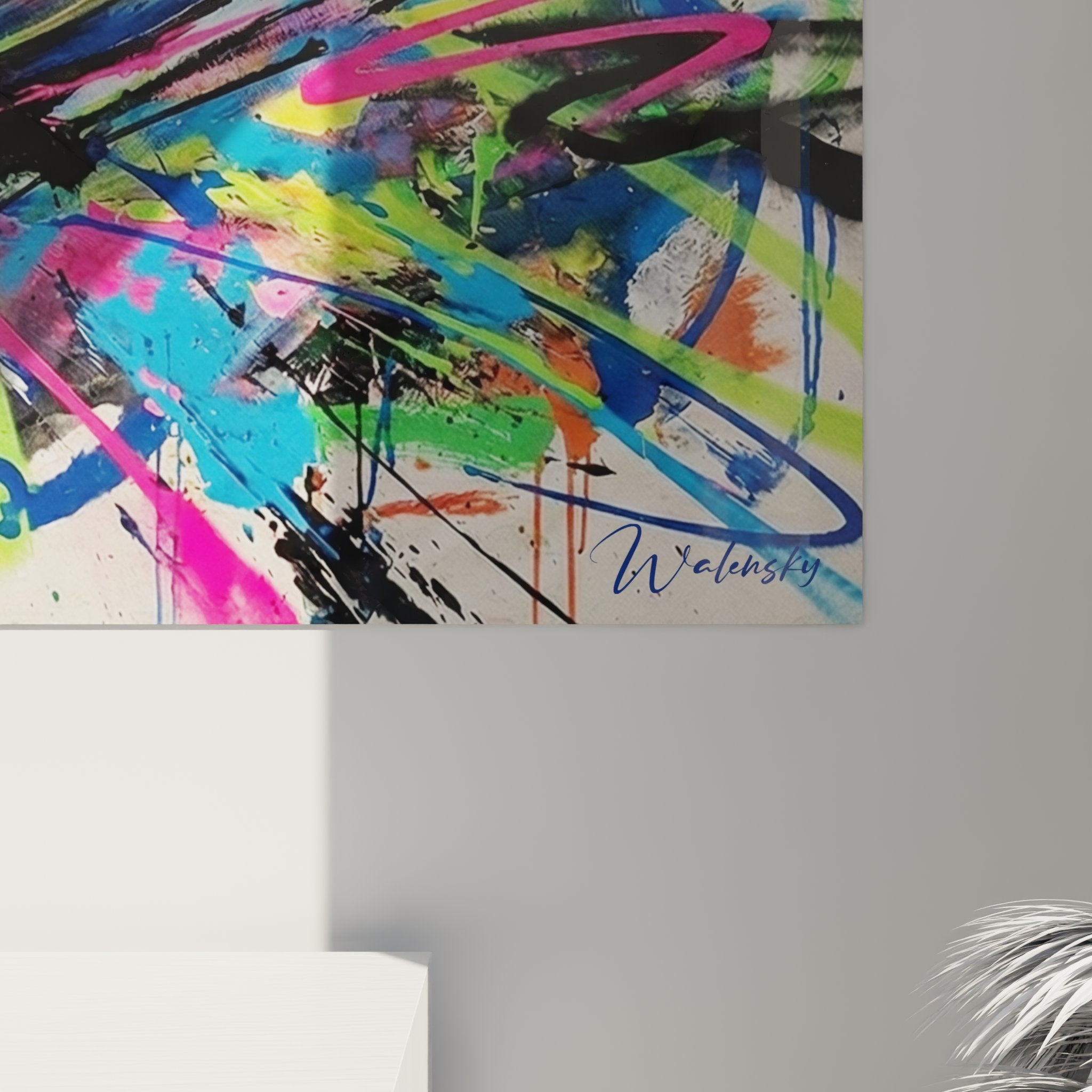 Vue ensemble tableau jetski abstrait decoration murale art contemporain graffiti multicolore