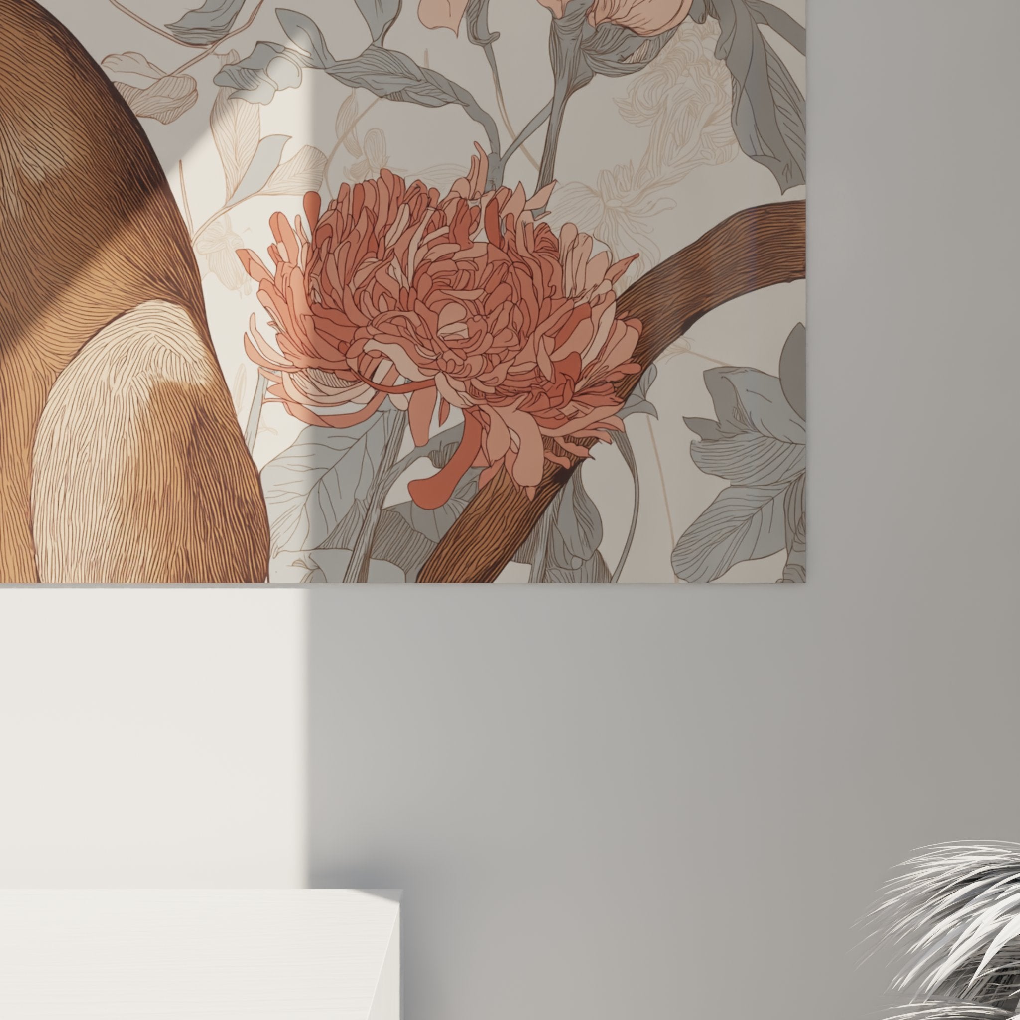 Vista completa quadro murale gatto Abissino fiori rosa corallo decorazione d'interni stile naturale