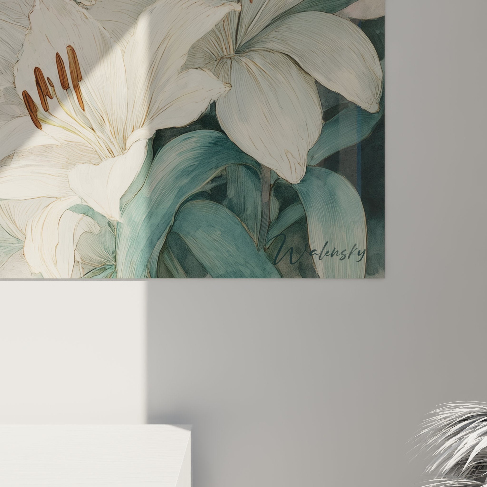 Turkish Angora cat wall art in blooming garden interior decoration pastel romantic style overview