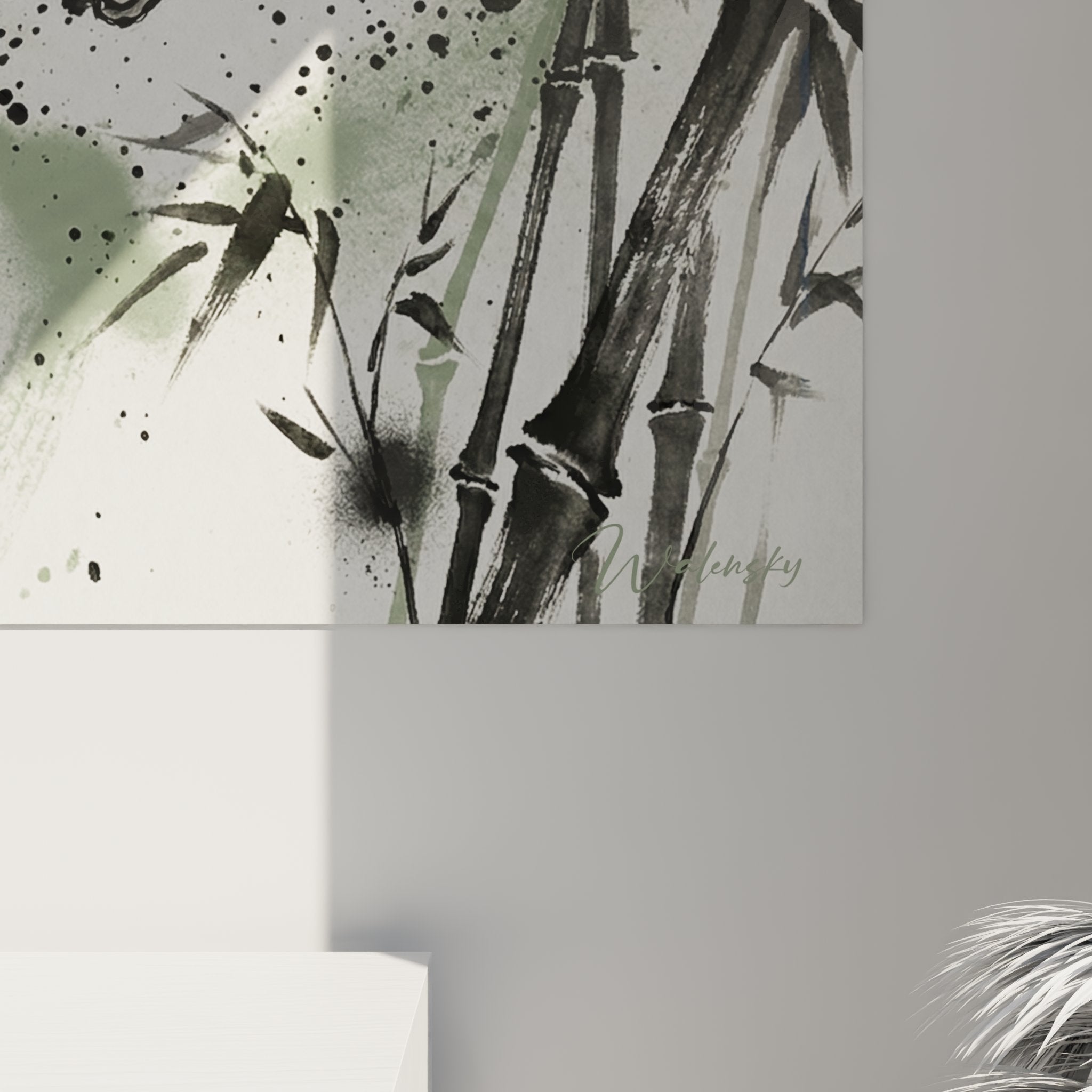 Vue d'ensemble tableau mural chat Chausie bambous, décoration intérieure moderne, art animalier élégant