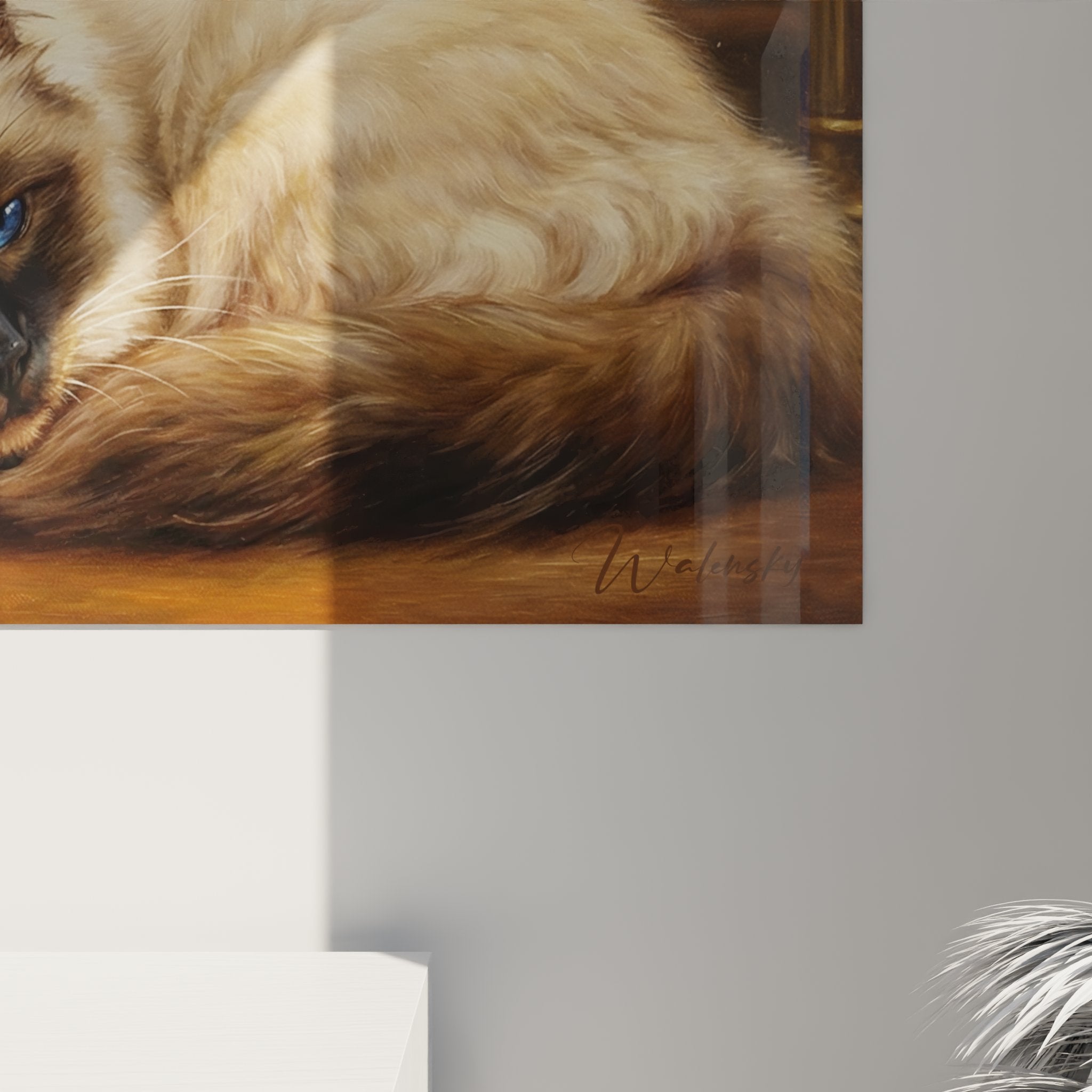 Vista generale quadro murale gatto Birmano biblioteca, arte felina per decorazione d'interni raffinata