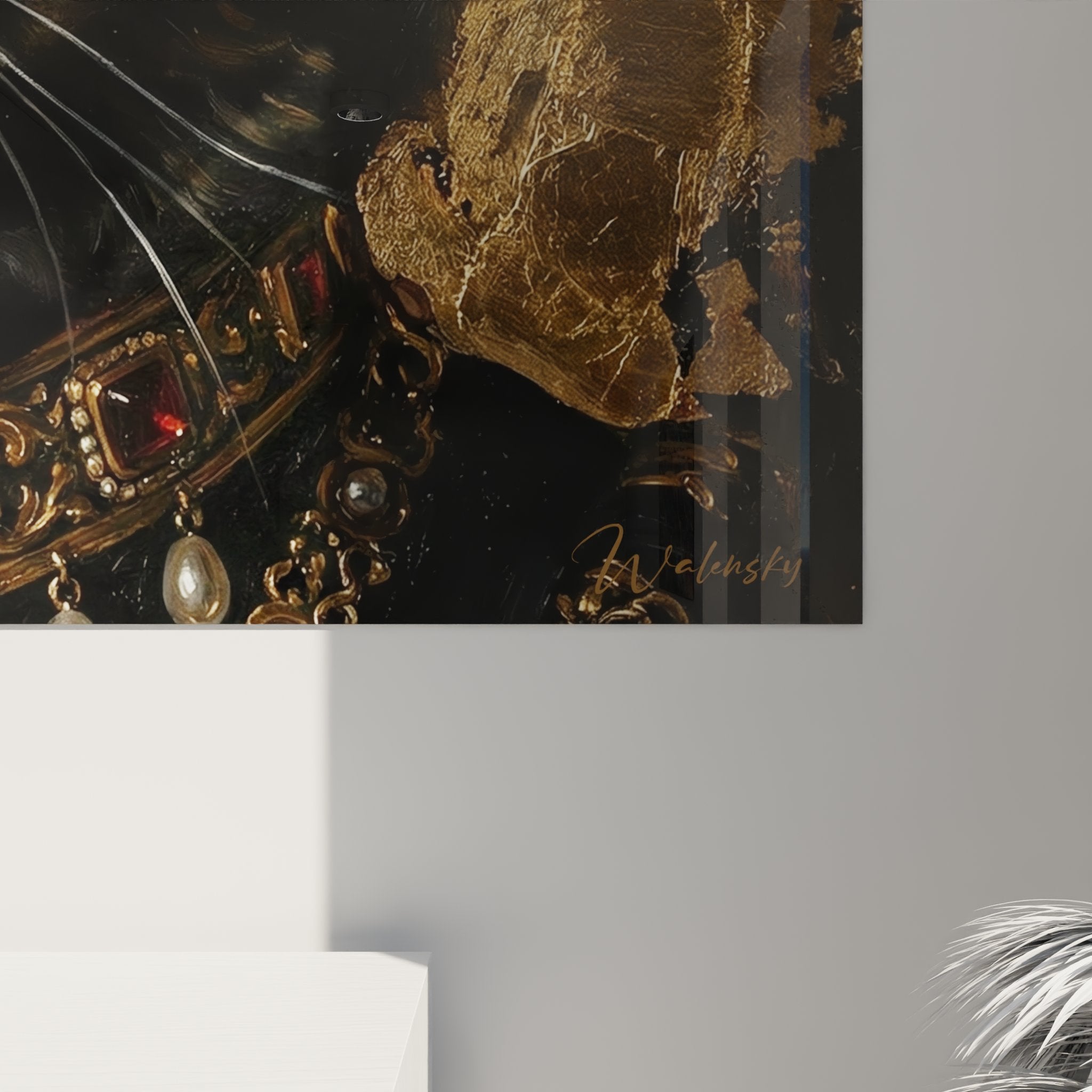 Überblick über das Gemälde Exotic Shorthair Katze Aristokrat mit seinen vergoldeten Ornamenten und seinem raffinierten künstlerischen Stil