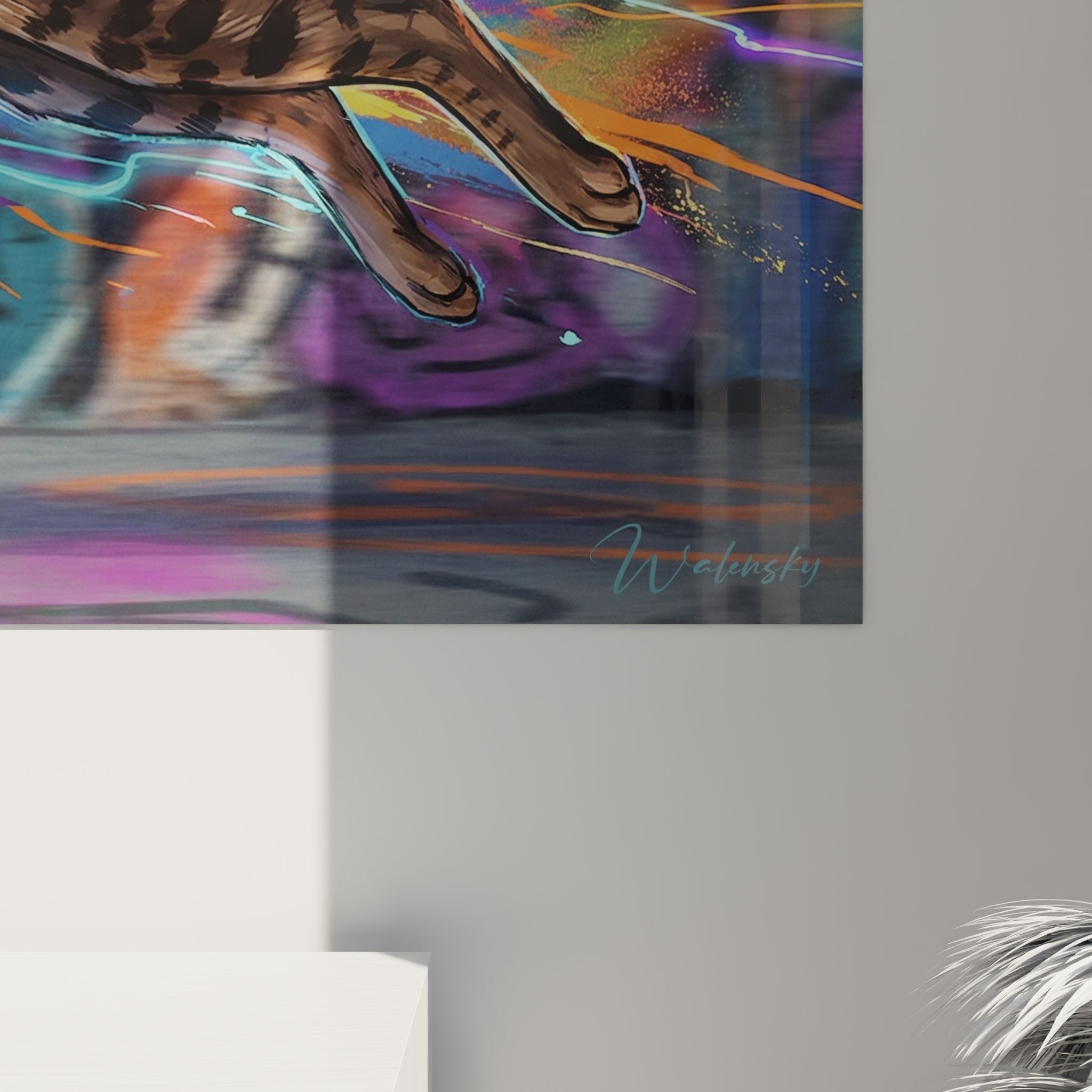 Vue perspective tableau mural chat Ocicat mouvement dynamique graffiti urbain decoration interieur
