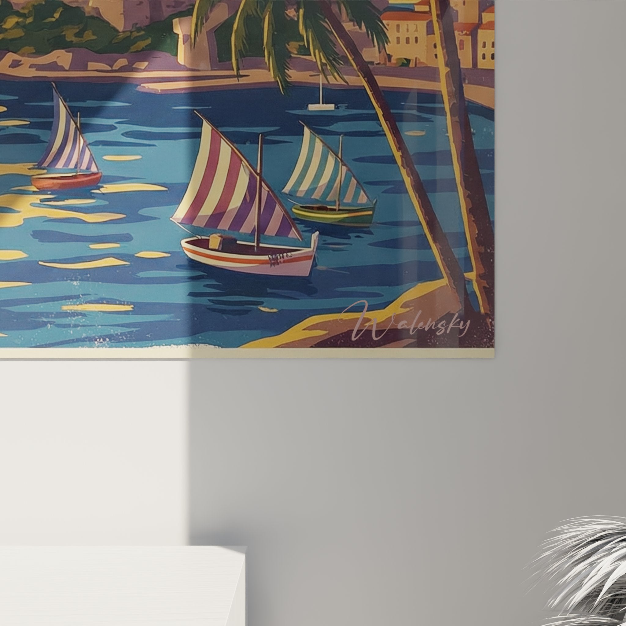 Vue ensemble tableau mural Corse Calvi décoration intérieure style vintage méditerranéen palmiers