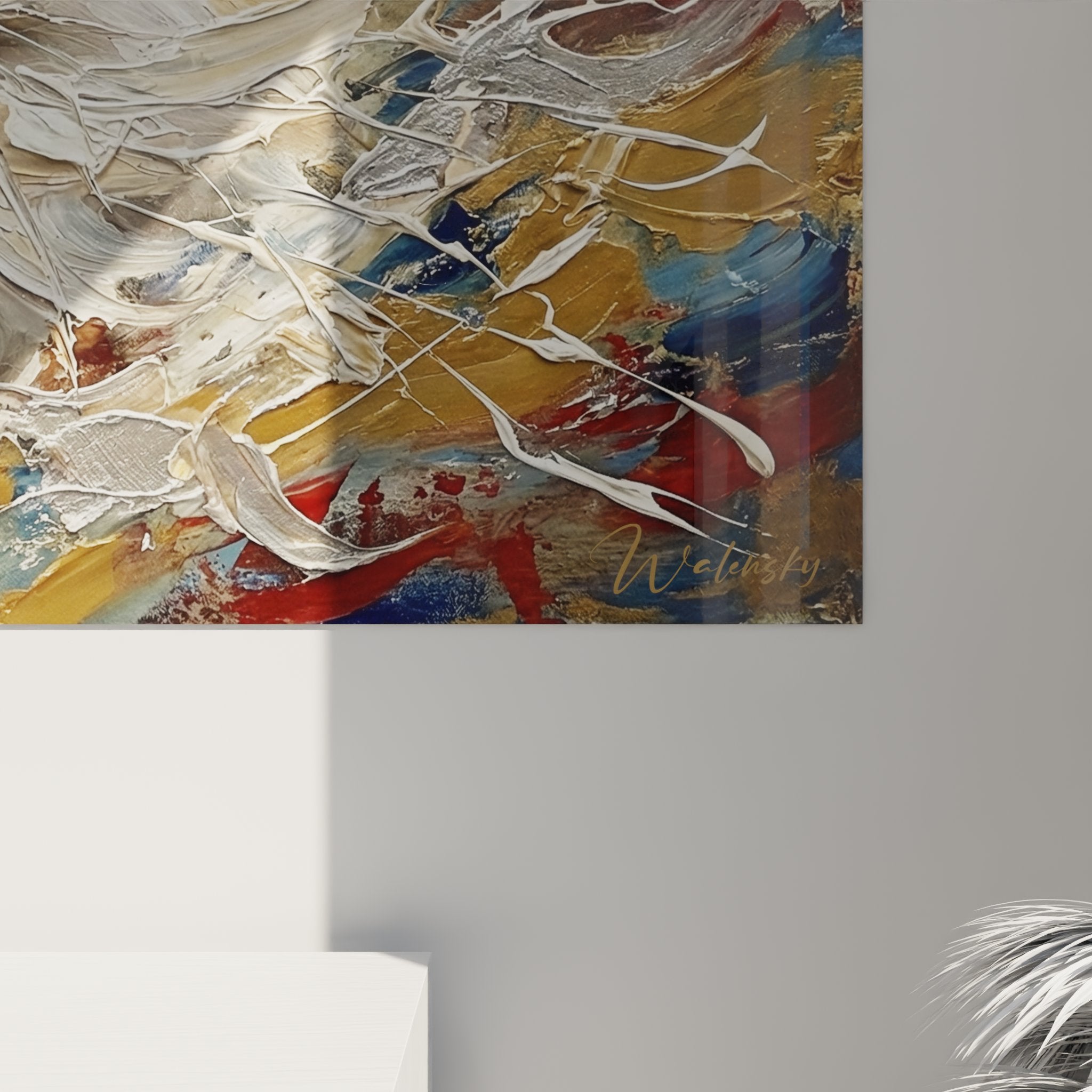 Vue d'ensemble tableau chat persan expressionniste blanc accroché mur décoration art félin