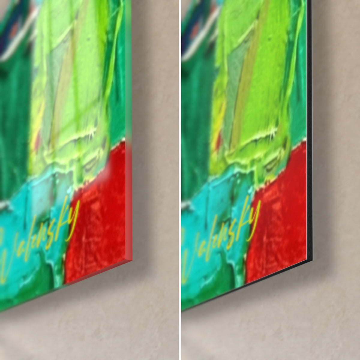 Gemälde weiße Katze, grüne und knallrote Fensterläden, untere rechte Ecke: glänzendes Acrylglas links, matres Alu-Dibond rechts