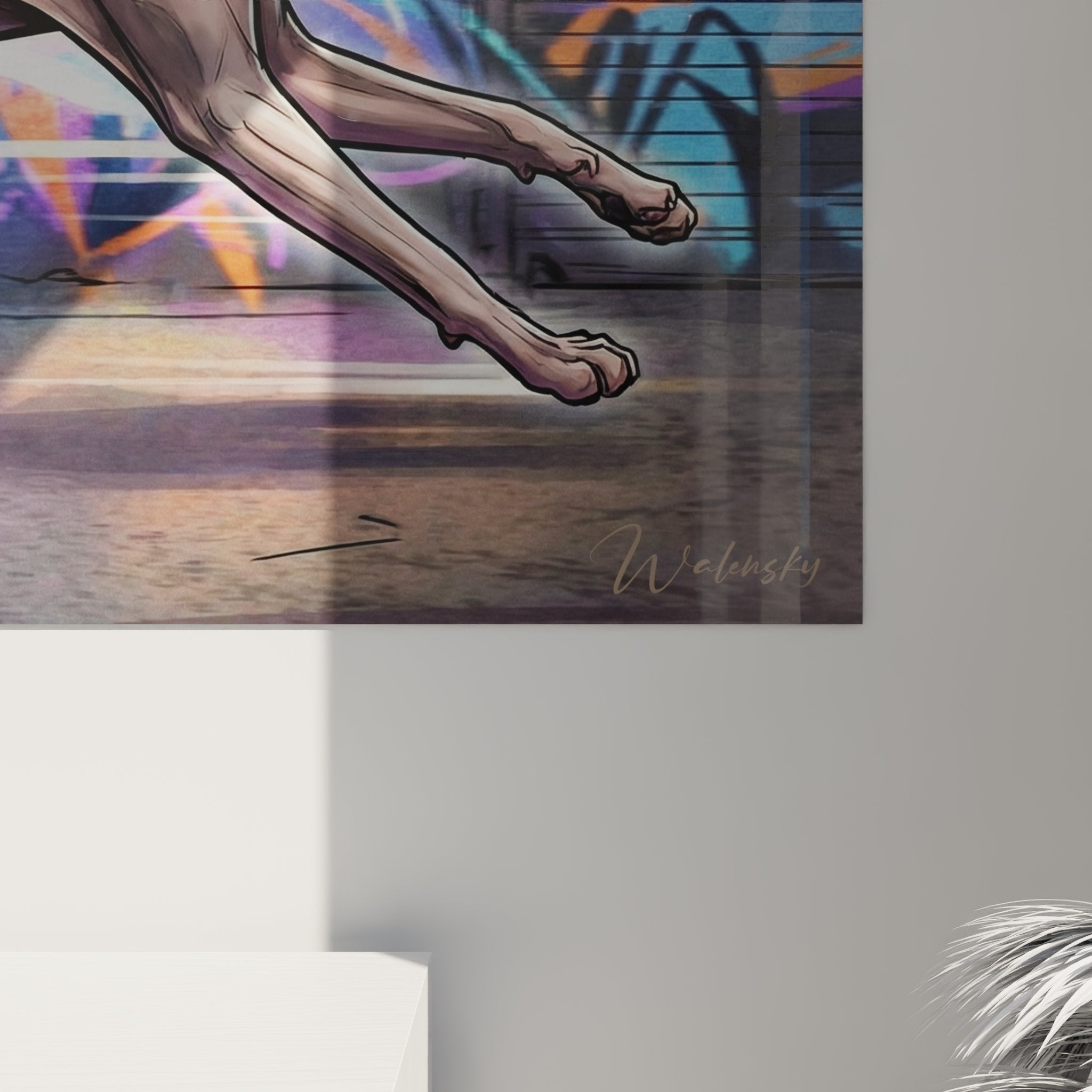 Vista generale quadro murale gatto Peterbald street art con prospettiva sull'opera completa e i suoi dettagli