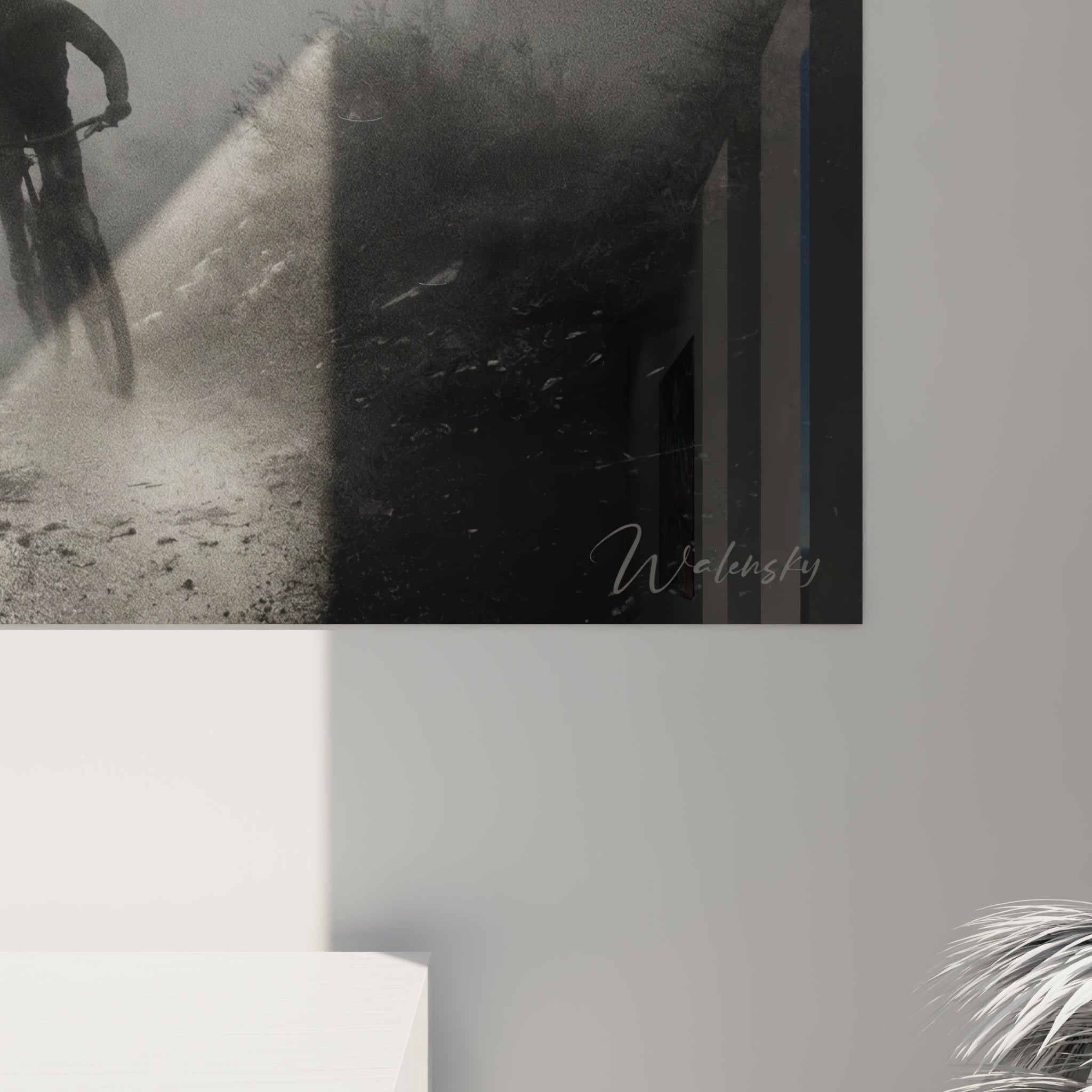 Vue ensemble tableau VTT forêt brumeuse décoration murale sport nature aventure noir blanc