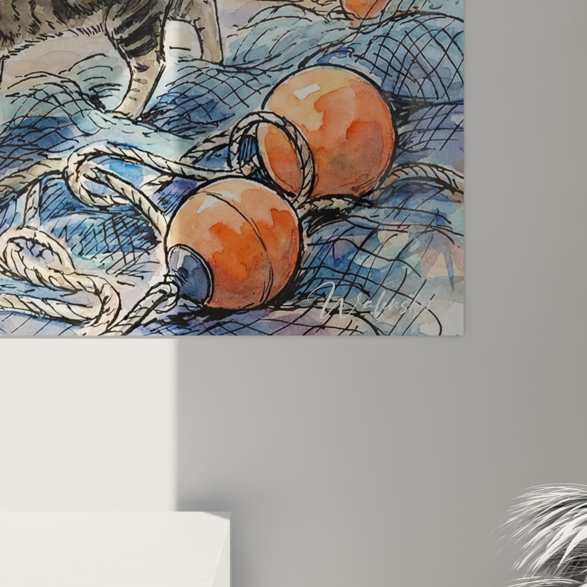 Vue ensemble tableau chat maritime dans salon, décoration art félin European Shorthair port pêche aquarelle