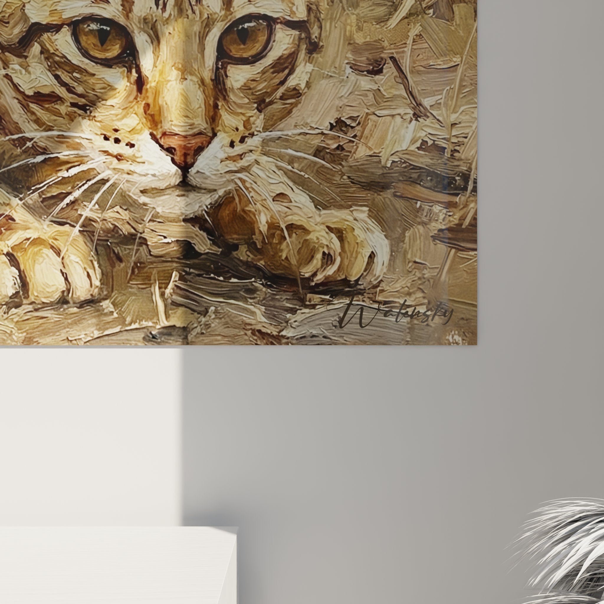 Vue ensemble tableau chat Ocicat couche palette chromatique doree brune art felin