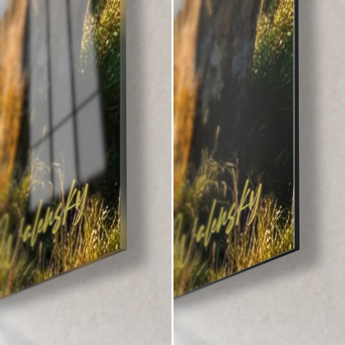 Wall art morning field of menhirs, green grass and golden light, bottom-right corner in glossy glass and matte Dibond