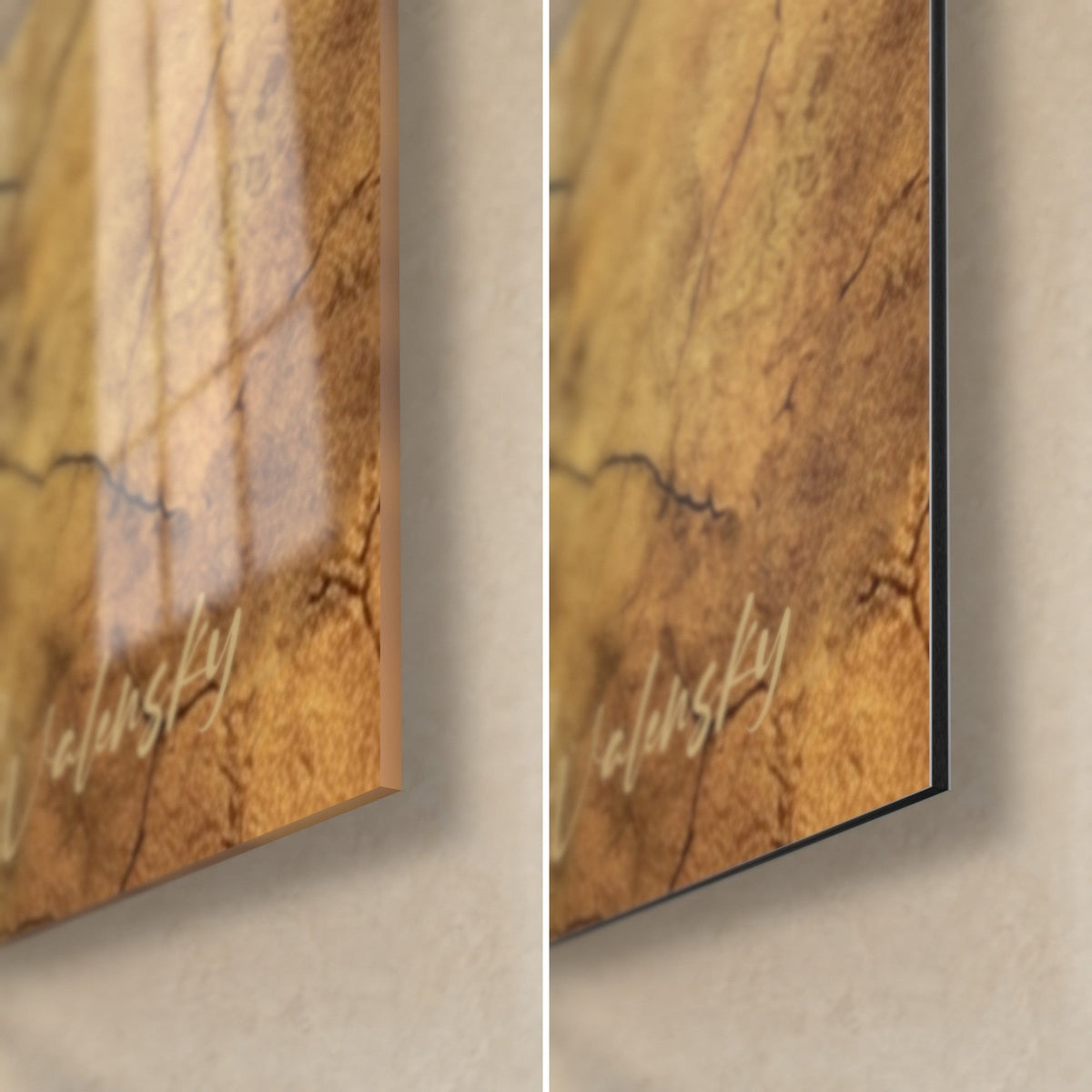Tableau regard félin ambré, coin bas droit : verre acrylique brillant à gauche, alu Dibond mat noir à droite, tranche de 3 mm et craquelures sable