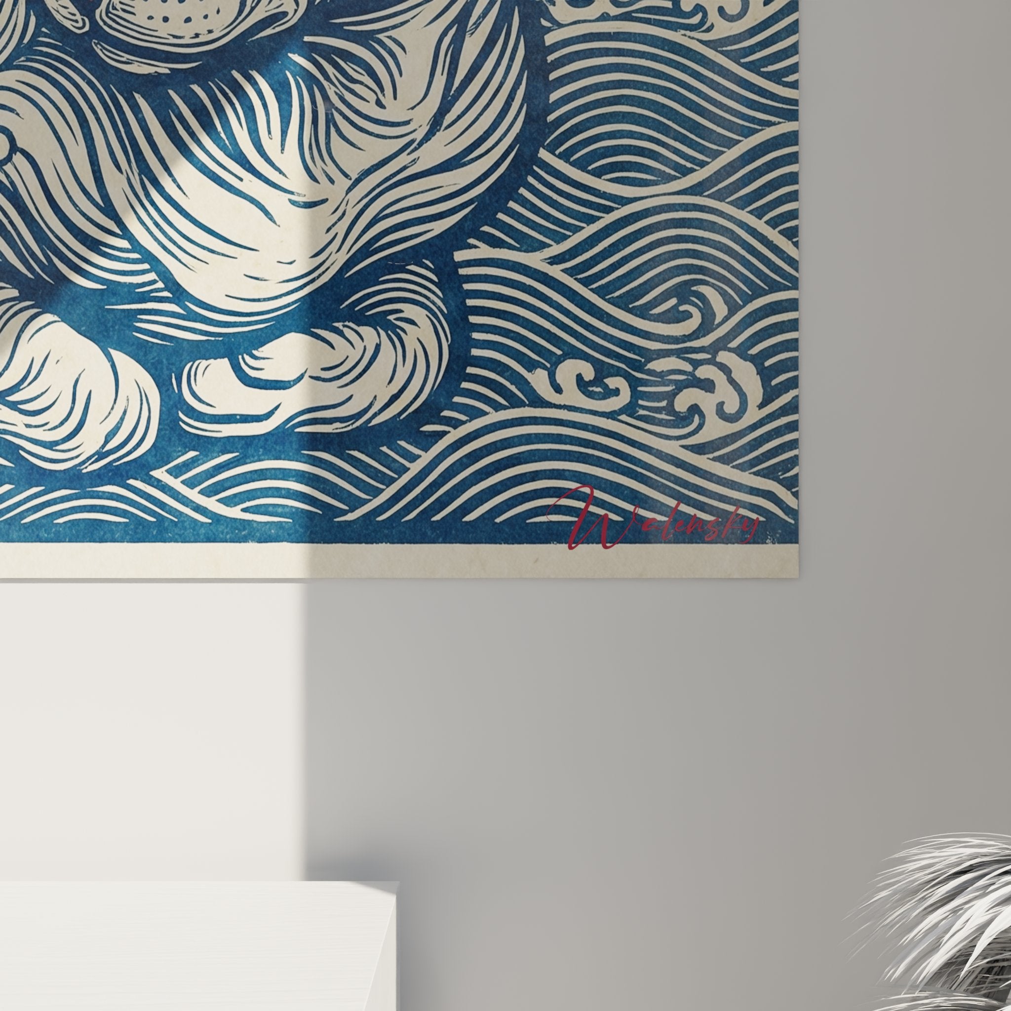 Vista d'insieme quadro murale gatto nelle onde giapponesi arredamento interno moderno soggiorno