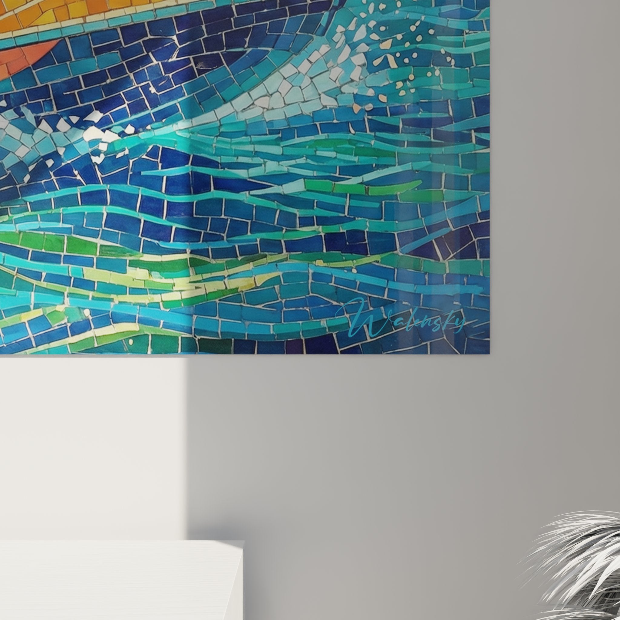 Vue d'ensemble du tableau jetski mosaïque dans un intérieur contemporain avec éclairage d'ambiance