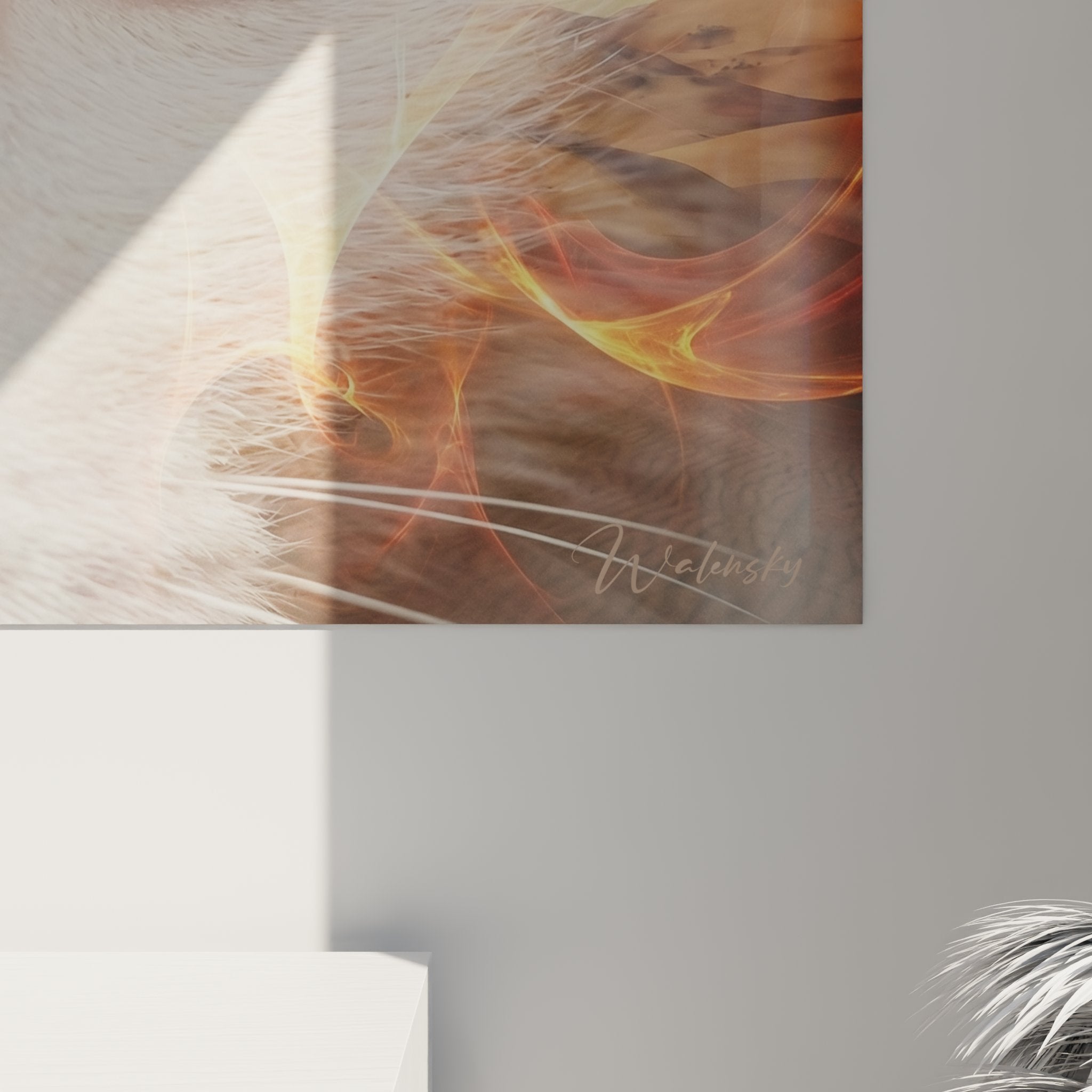 Vue ensemble tableau mural chat Khao Manee futuriste decoration interieure moderne salon