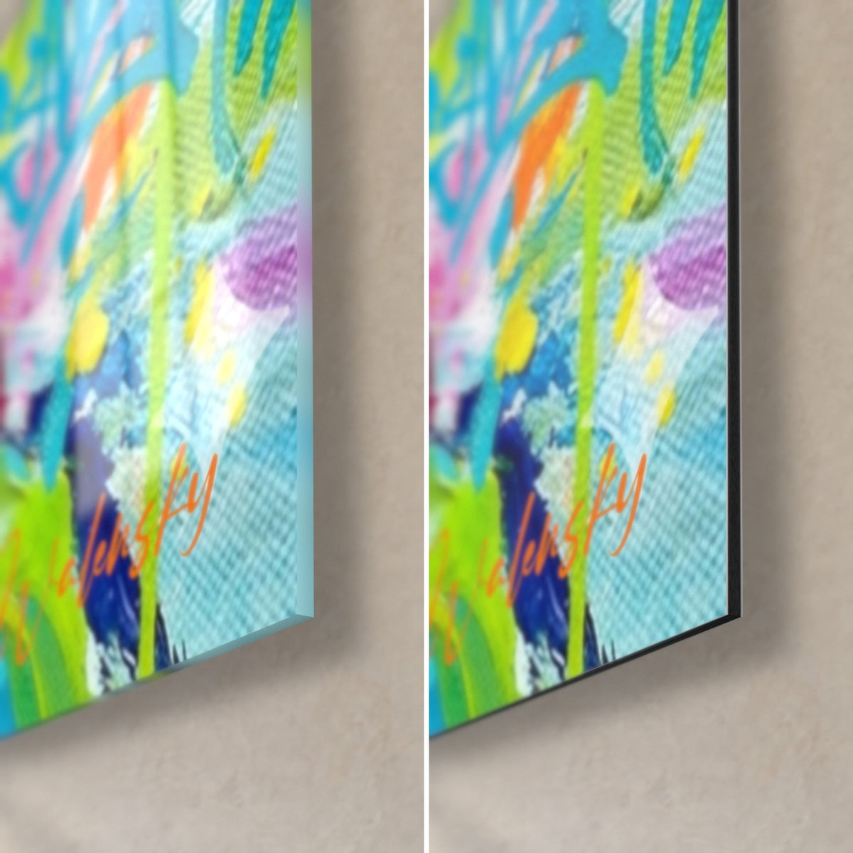 Wall art of a laughing rafter, bottom right corner: glossy acrylic glass with reflections on the left, matte black Dibond aluminum on the right, 3 mm edge