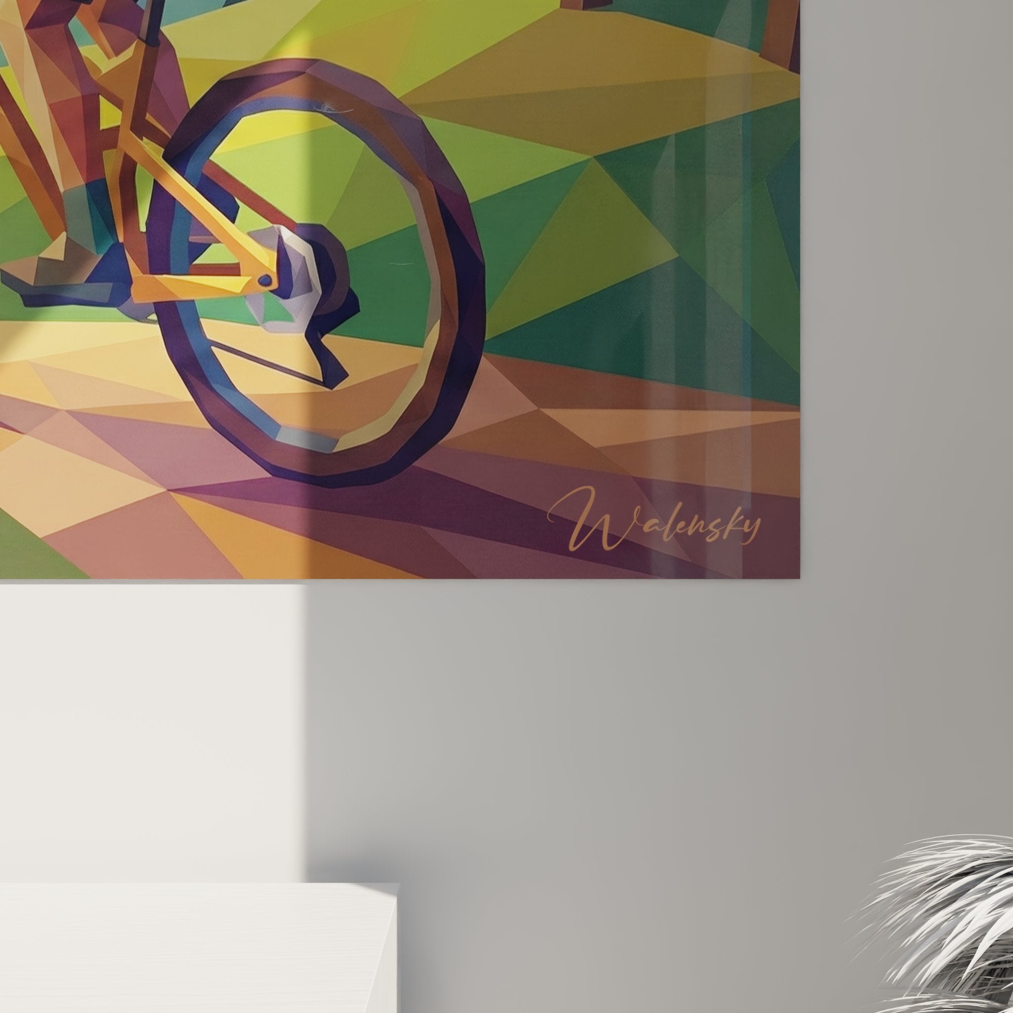 Mountain bike geometric art canvas with frame showing complete mountain cycling scene