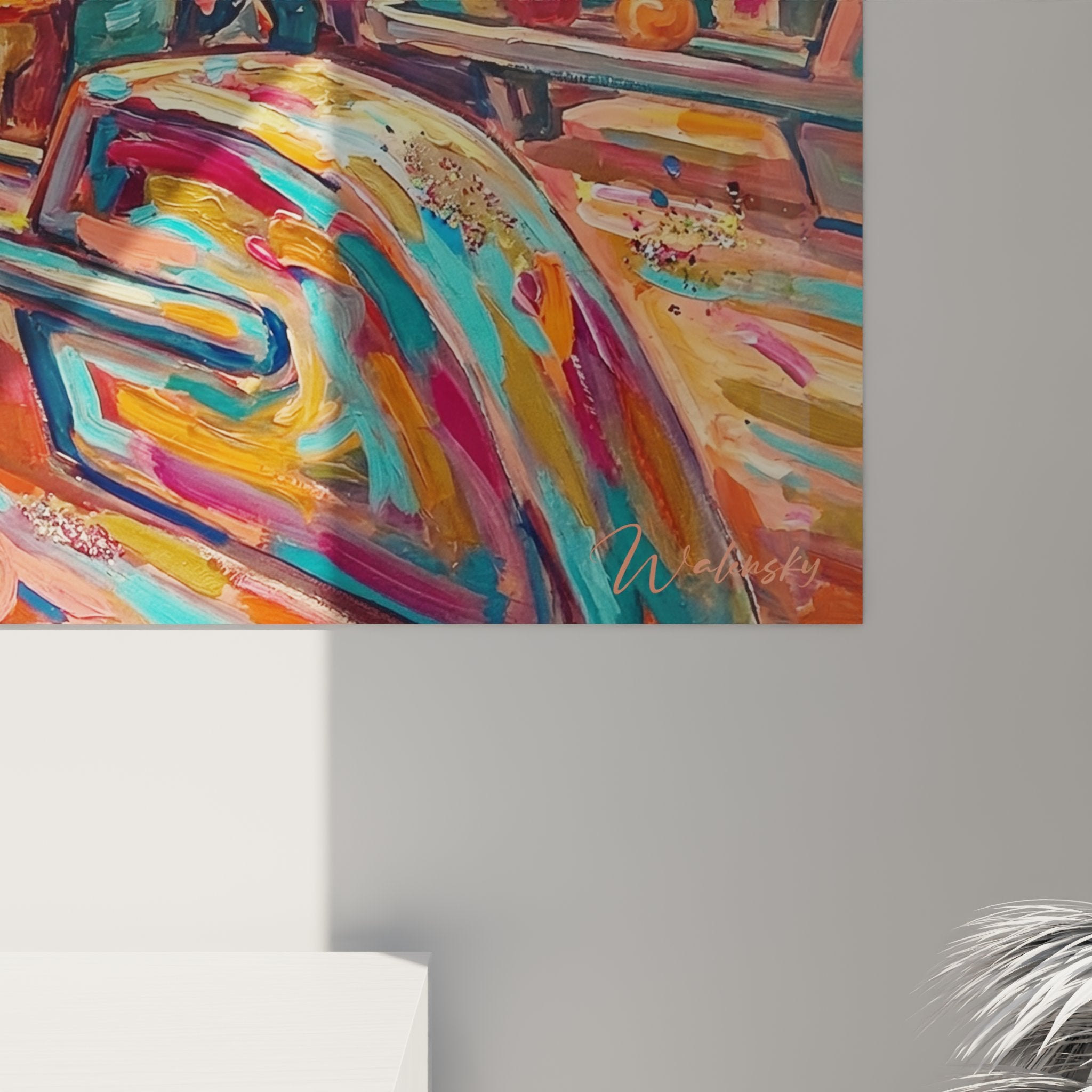 Overview of the bowling celebration wall art in a contemporary interior, creating a dynamic focal point