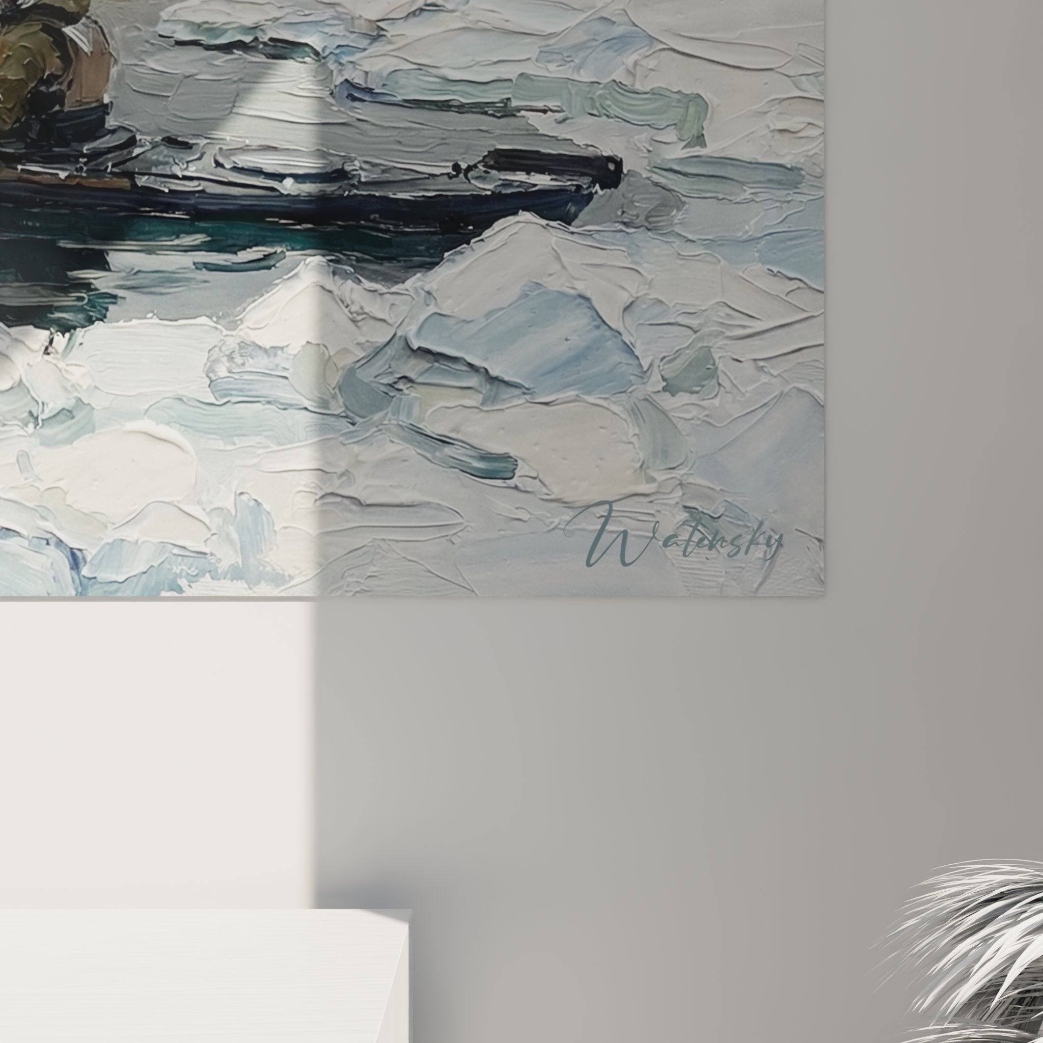 Overall view of kayak winter adventure wall art with icy landscape and bare trees dramatic atmosphere