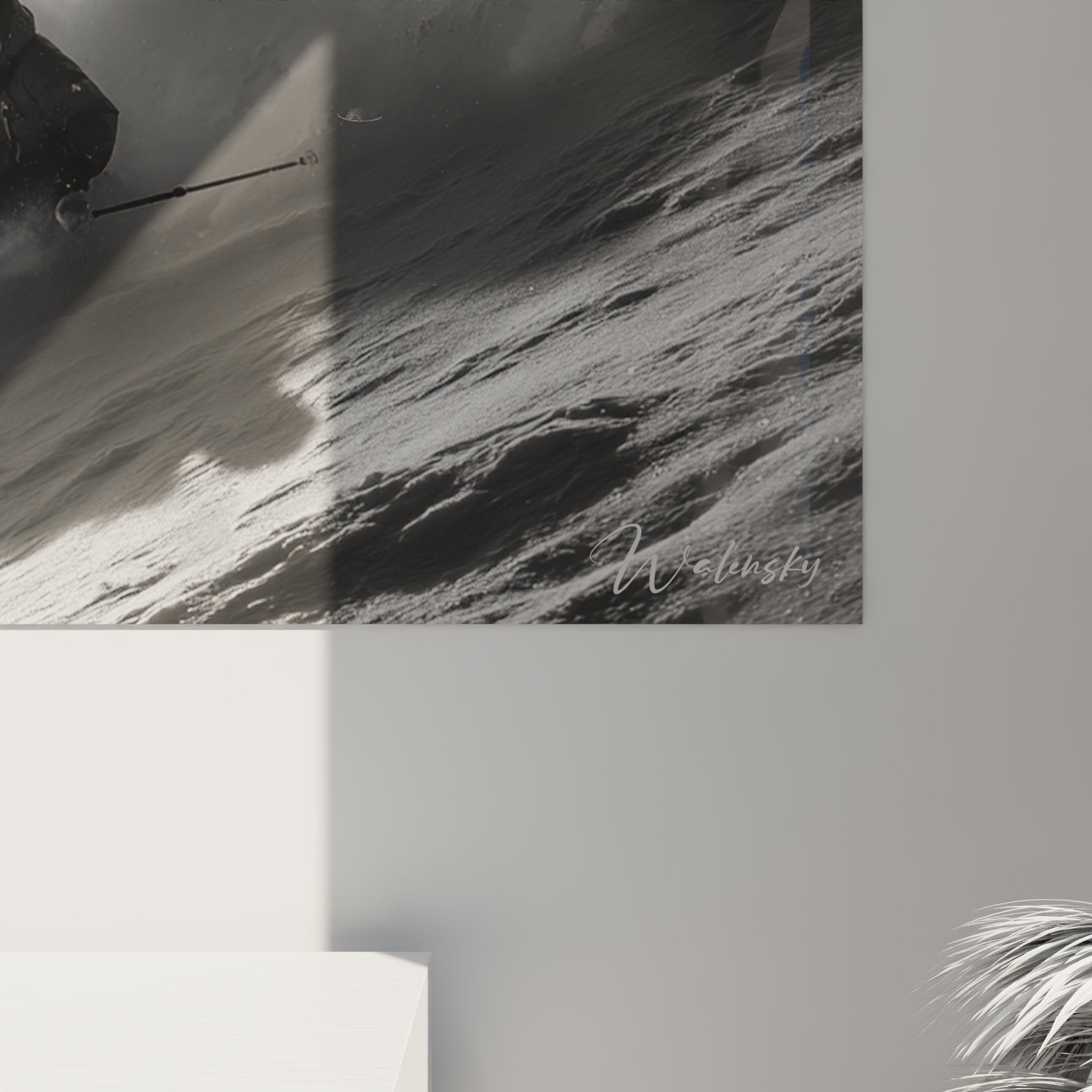 Vue d'ensemble tableau ski montagne dans salon contemporain - art mural sport hiver decoration interieur