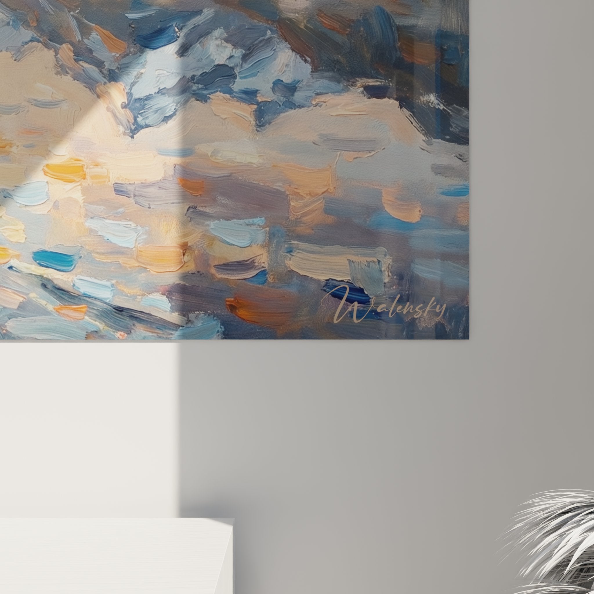 Overview of the kayak lake mountain canvas revealing the harmonious composition between water, mountains and sky