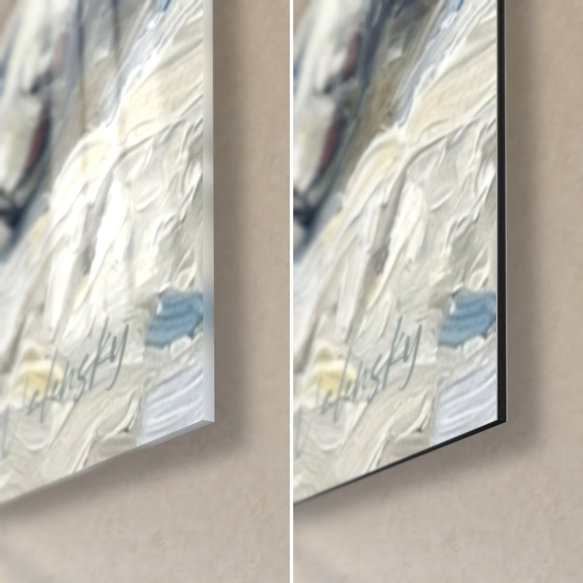 Schilderij witte kat, ivoorkleurig en lichtblauw impasto, onderste rechterhoek: glanzend acrylglas links, mat zwart Dibond-aluminium rechts