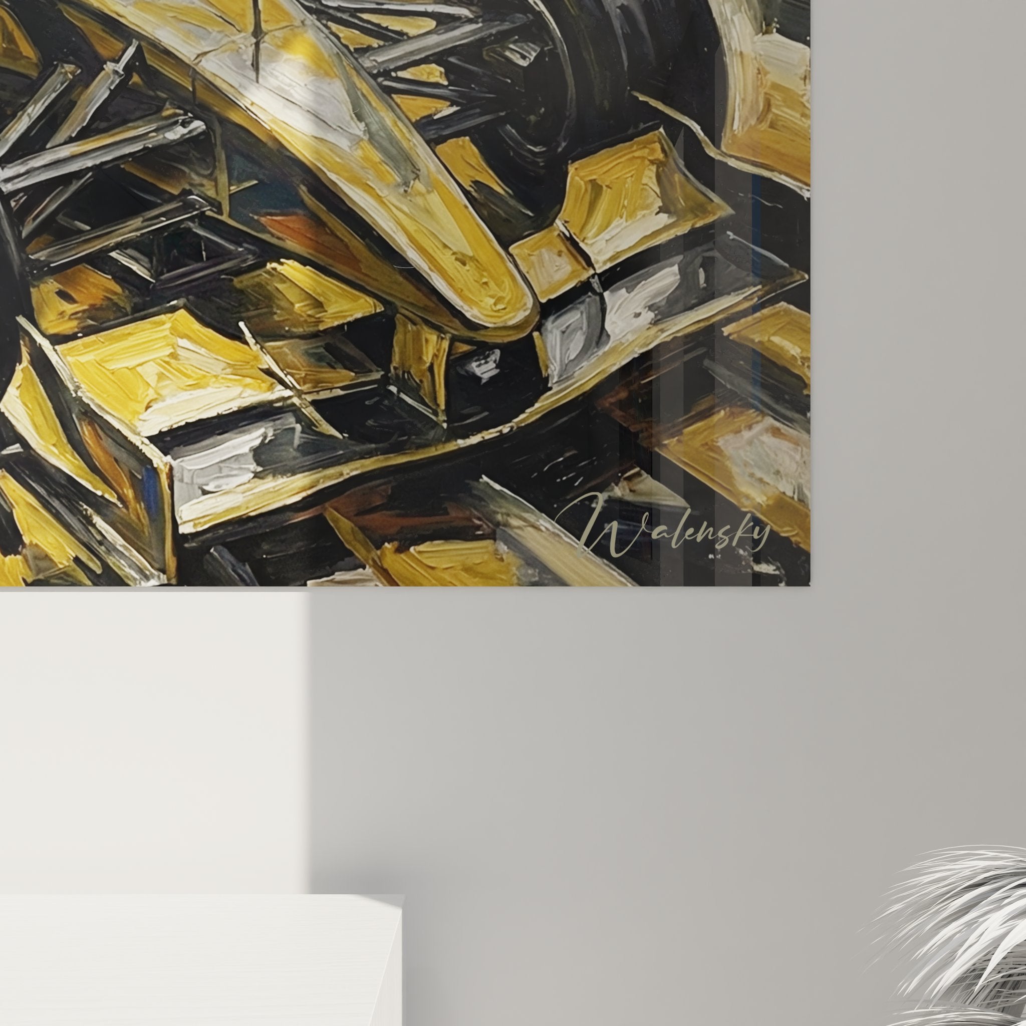 Vue d'ensemble œuvre F1 cubiste accrochée au mur montrant composition dynamique course automobile