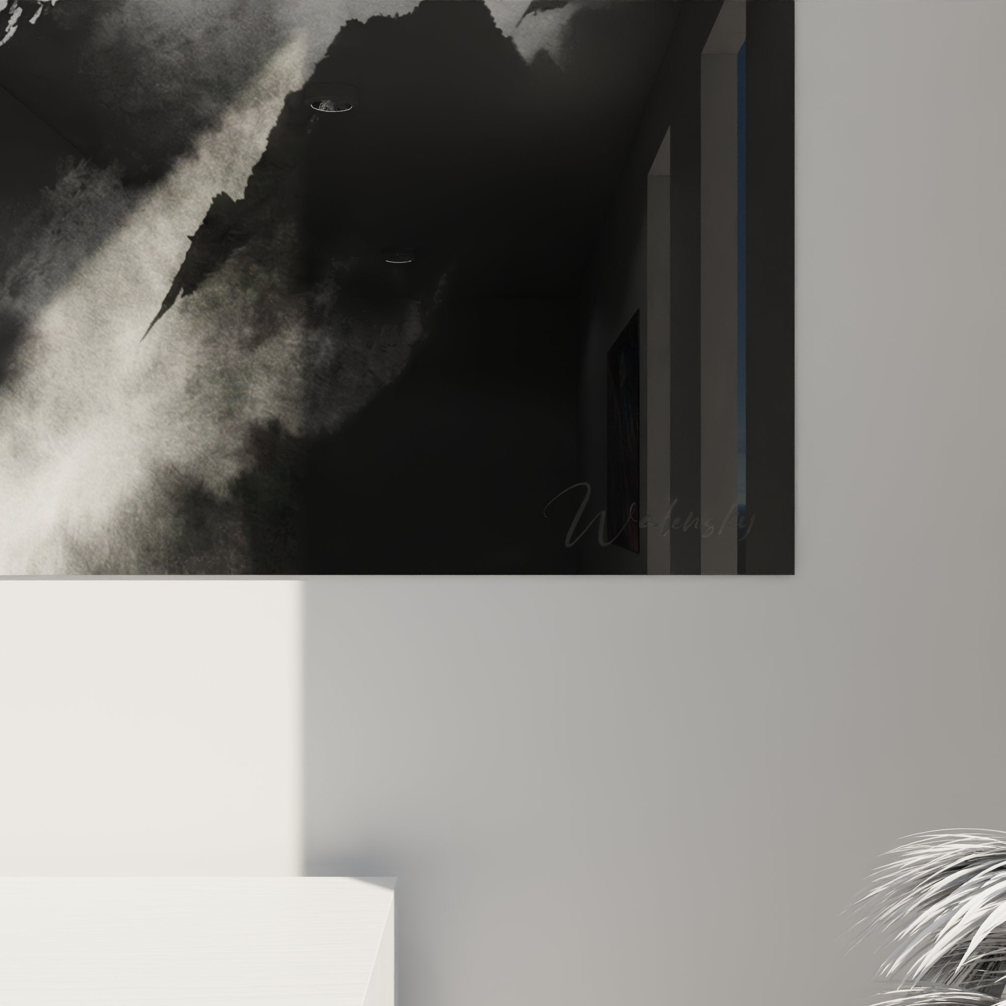 Overview of Savoie ibex painting in contemporary living room, black and white mountain wall art