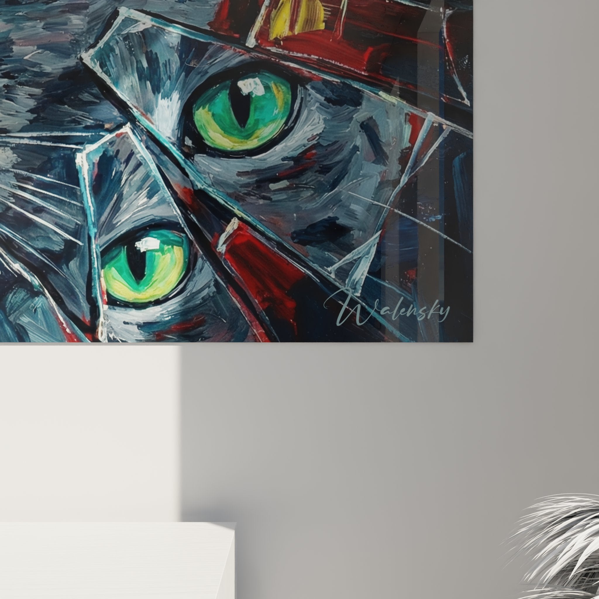Vue ensemble tableau mural chat russian blue regard hypnotique fragmente decoration salon