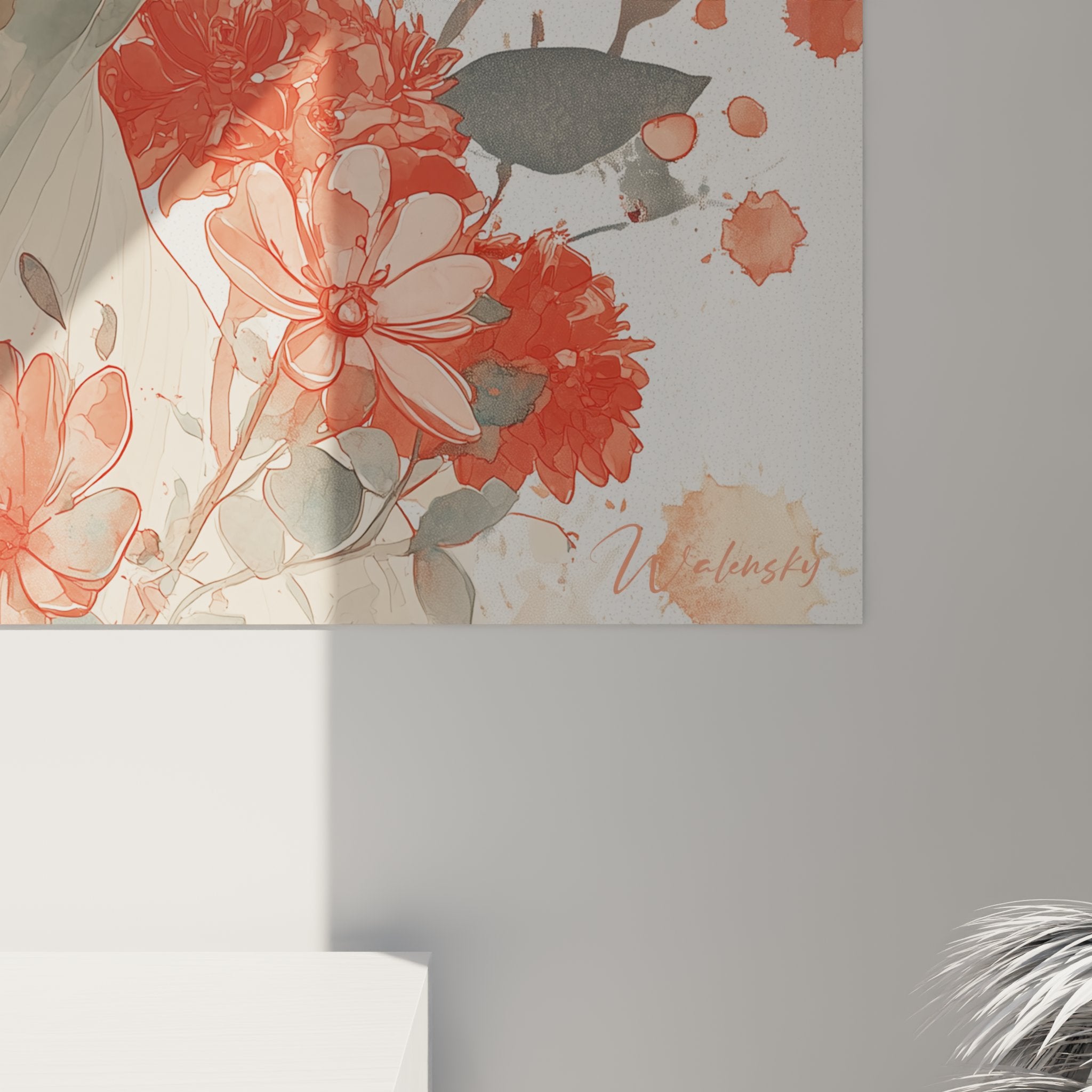 Vista d'insieme quadro murale gatto Sphynx acquerello floreale toni corallo beige decorazione interiore elegante