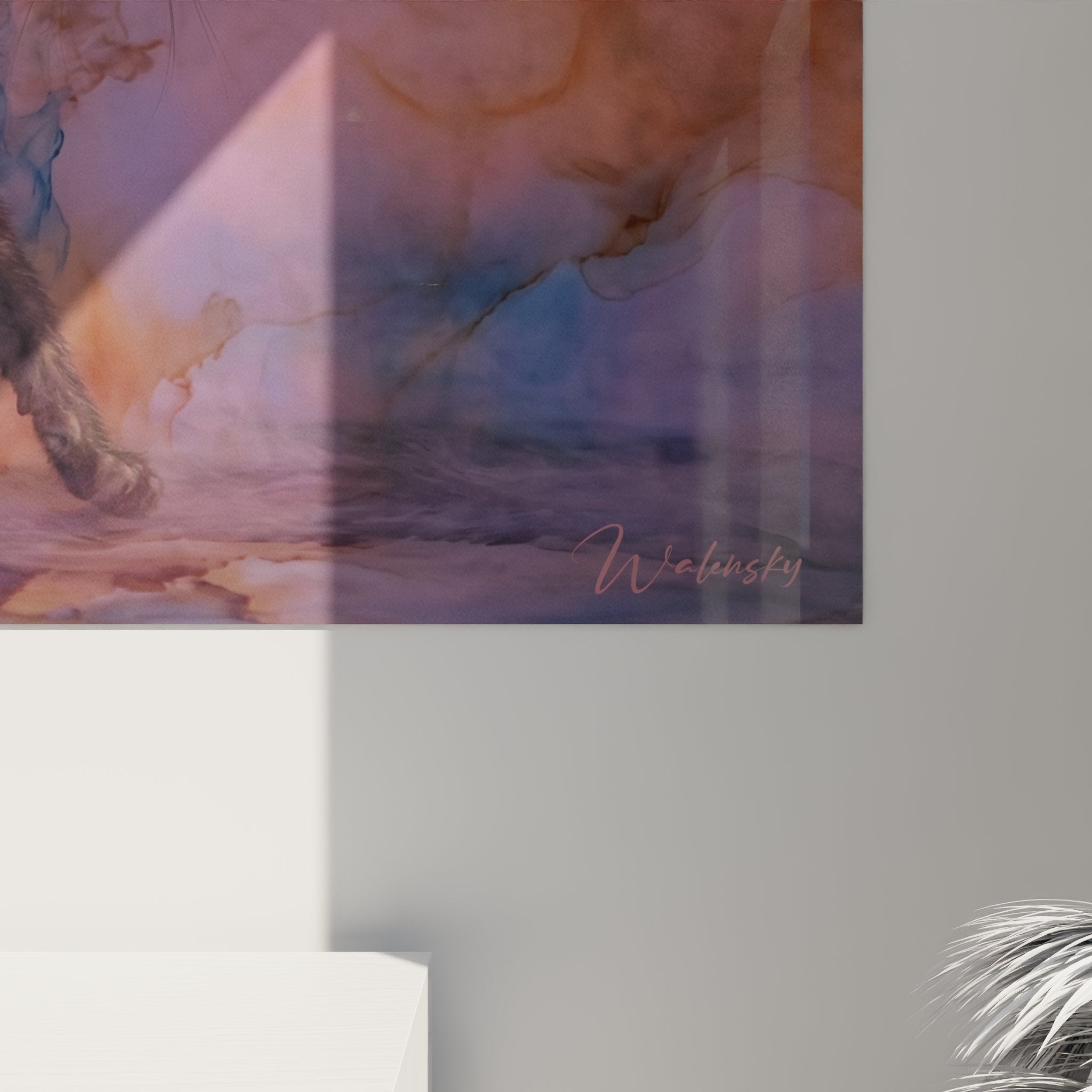 Vista prospettica quadro murale gatto Lykoi mistico tramonto decorazione interni arte contemporanea