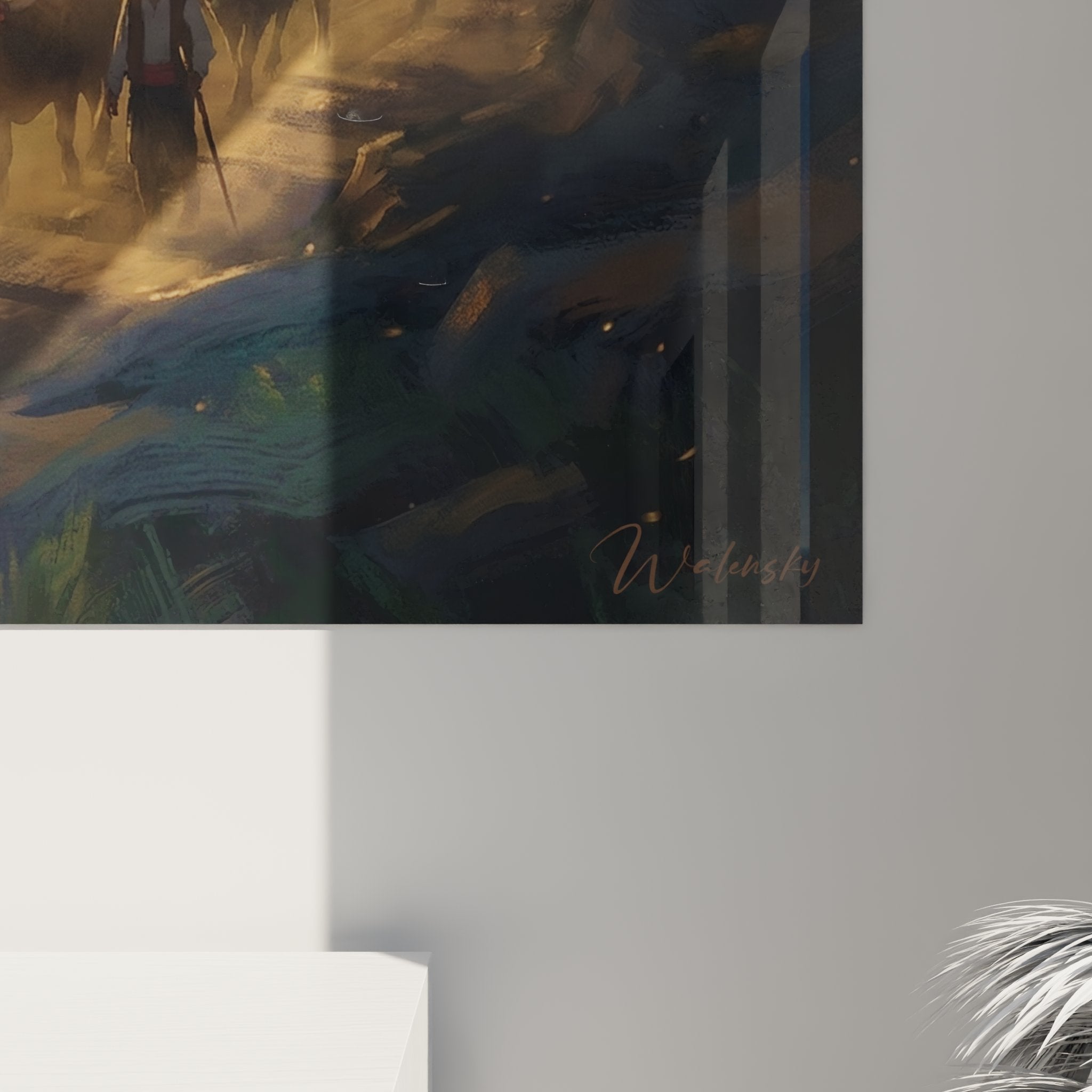 Vista d'insieme quadro murale transumanza yak Alpi panorama montagna valle verde tramonto