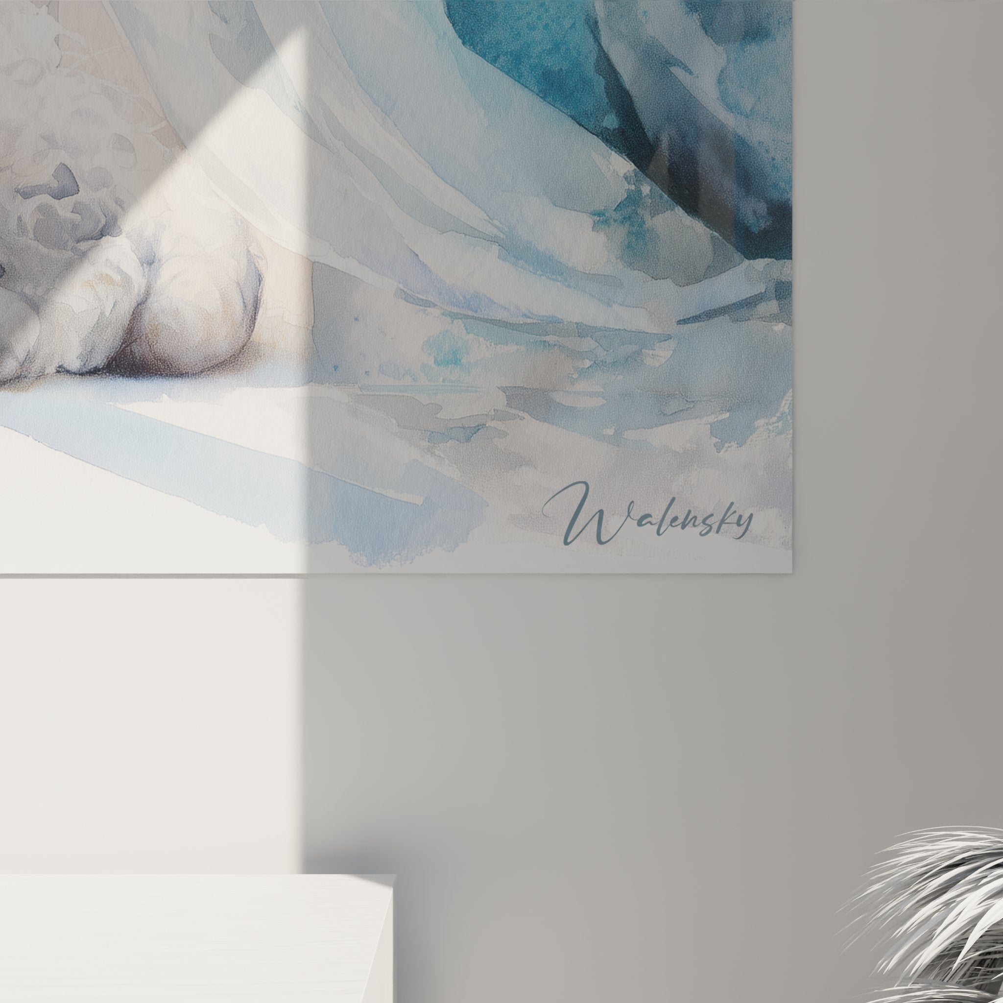 Vue d'ensemble tableau mural chat Selkirk Rex style aquarelle tons bleus et blancs pour décoration moderne