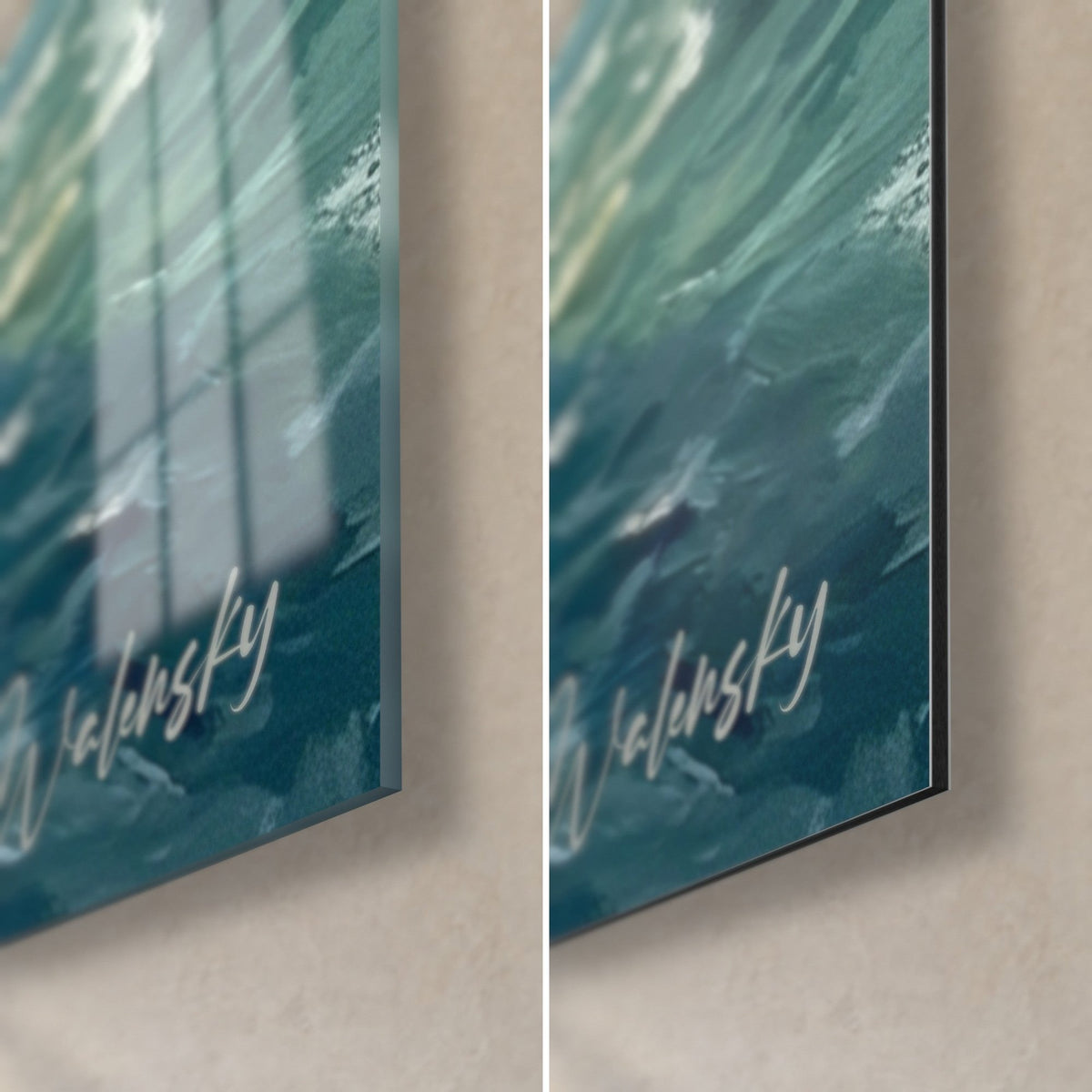Wall art golfer on the Scottish coast, bottom right corner: glossy acrylic glass on the left, matte black Dibond aluminum on the right, turquoise and green