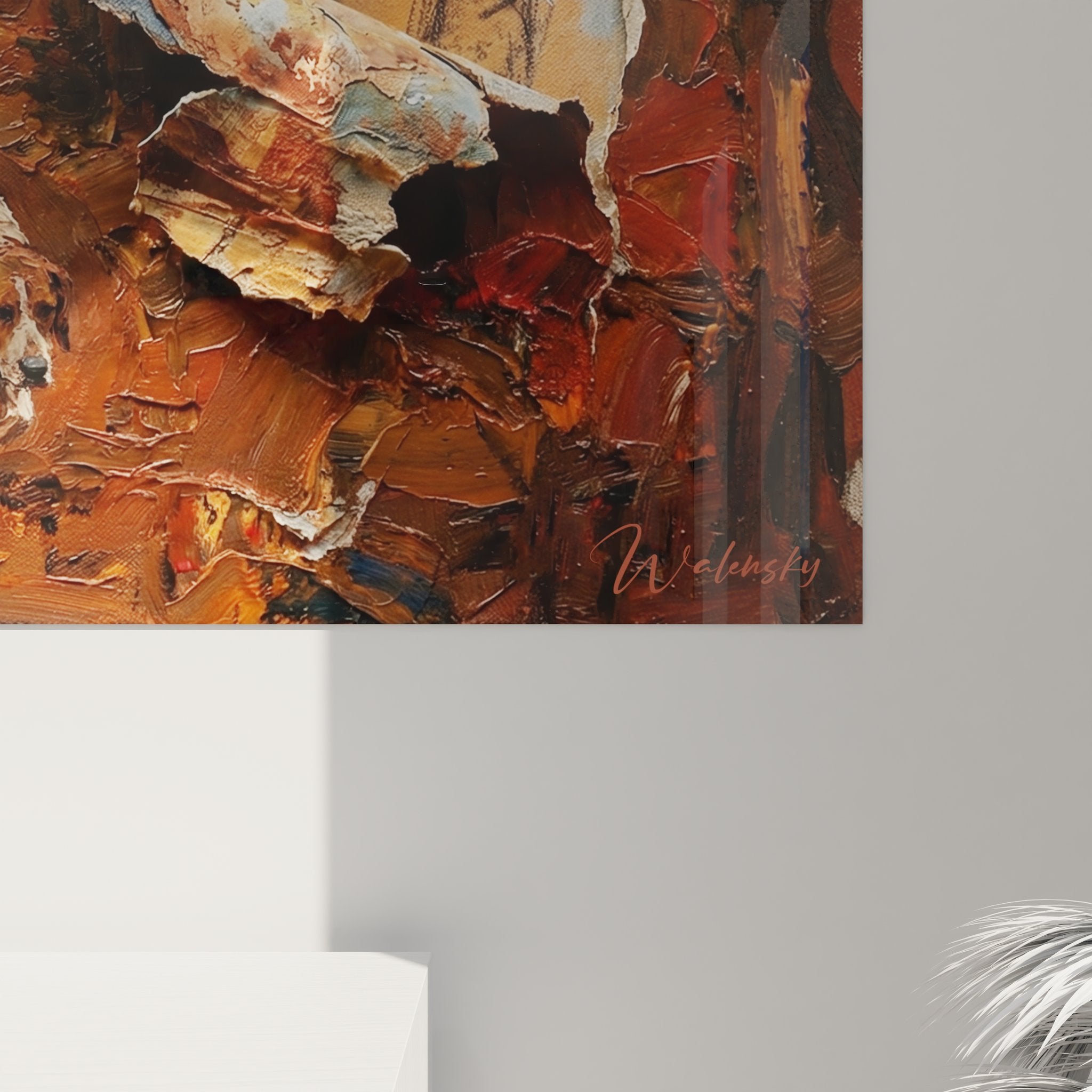 Vue d'ensemble tableau art cynégétique avec chasseur traditionnel et sa meute dans paysage forestier automne