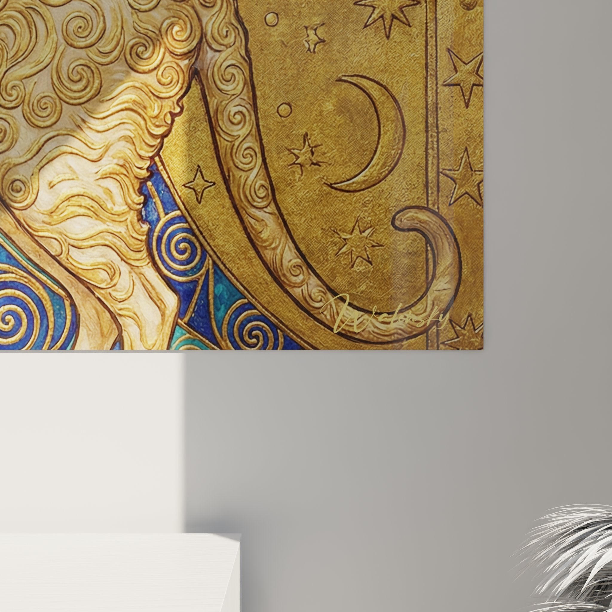 Vue ensemble tableau mural chat Cornish Rex style egyptien antique fond etoile soleil lune