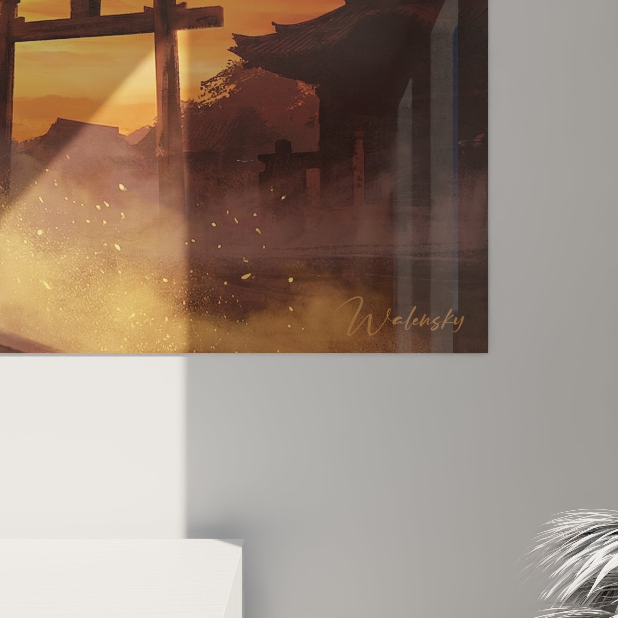 Panoramica del quadro kyudo samurai a cavallo in soggiorno moderno, arte murale tradizionale giapponese